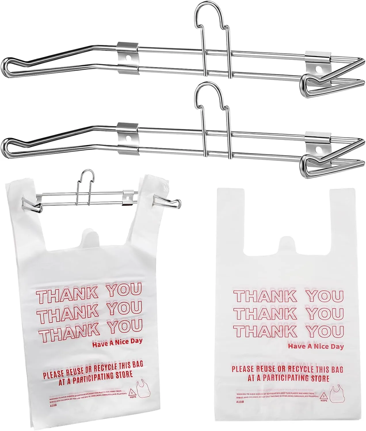 Lounsweer 2 Pcs Plastic Grocery Bag Holder with 50 Pcs Shopping Bags, T-Shirt Rack Chrome Hanging Holder for Grocery Store Supermarket Restaurant Business