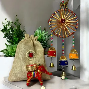 LOVENSPIRE Diwali Gift Hamper Indian Festival Jute Potli Bag with Wind Chime Hanging Elephant Candle Holder Navratri Thanksgiving Christmas Hampers for Employees Friends Relatives - Return Gift Items