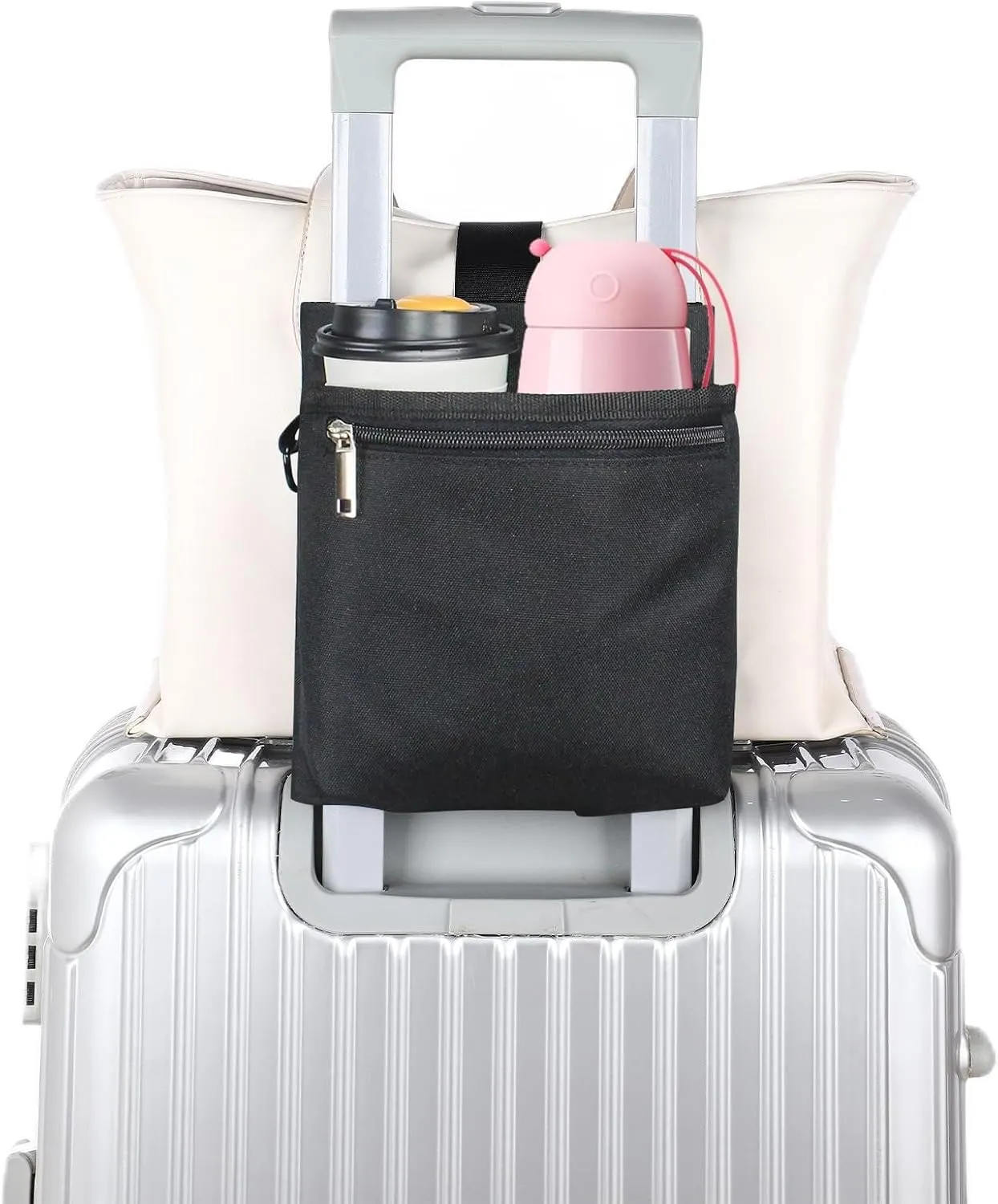Luggage Cup Holder Free Hand Travel Drink Caddy Luggage Straps for Suitcases add a Bag Fits Roll on Suitcase Handles Gifts for Flight Attendants Travelers Accessories Black