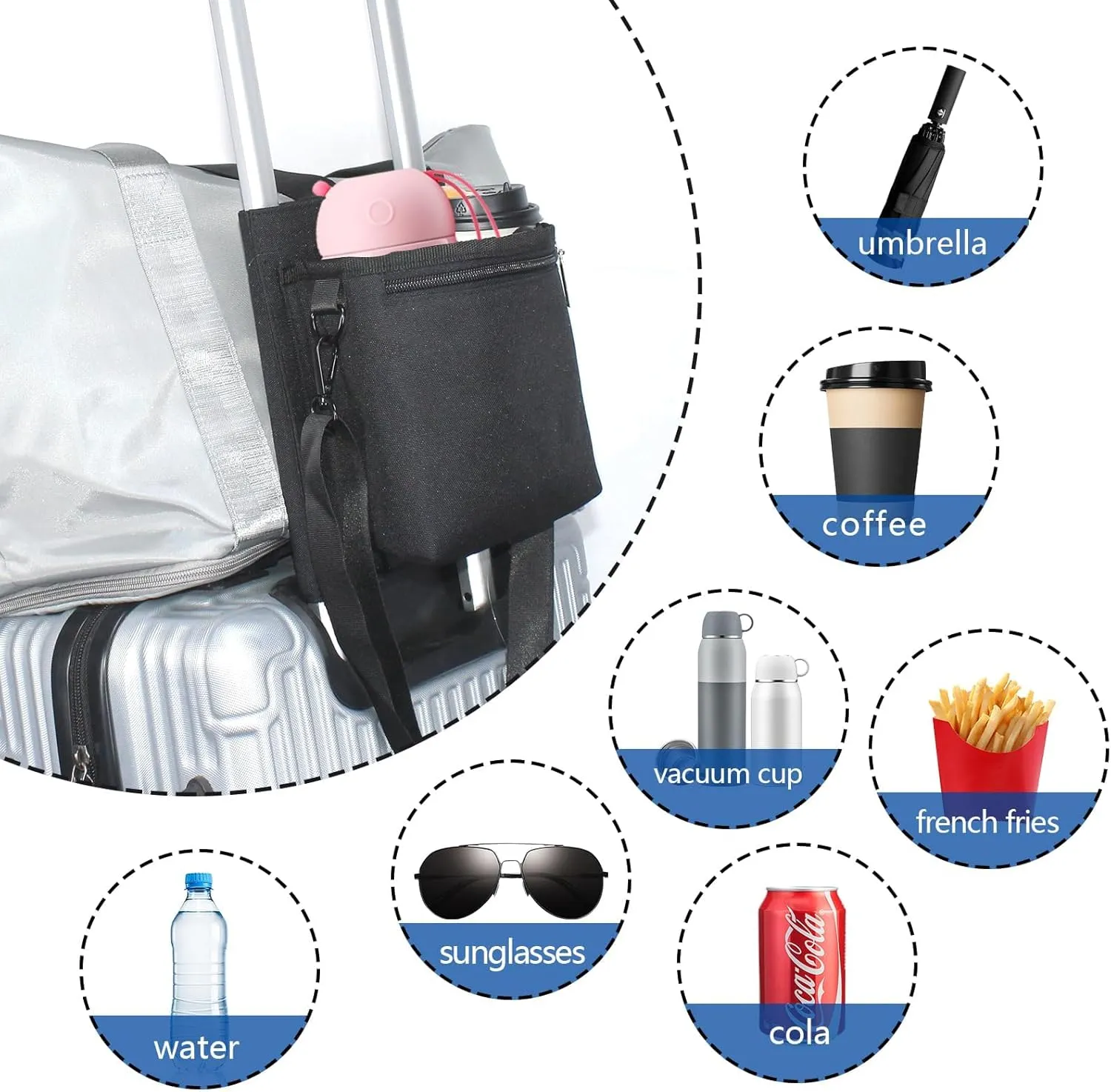 Luggage Cup Holder Free Hand Travel Drink Caddy Luggage Straps for Suitcases add a Bag Fits Roll on Suitcase Handles Gifts for Flight Attendants Travelers Accessories Black