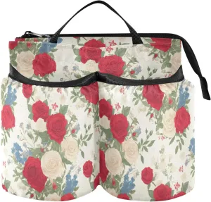 Luggage Cup Phone Holder Portable Chic Roses Floral Pattern Red White Watercolor Caddy Bag Accessory Two Cup Holder for Travelers Flight Attendants