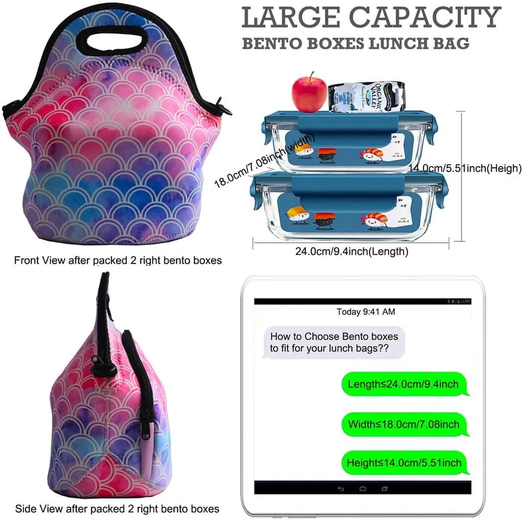 Lunch Bags For Kids,Girls,Women Neoprene Lunch Toe Bags With Adjustable Detachable Shoulder Straps Reusable Soft Insulated Lunch Bags For School/Picnic/Work (Mermaid)