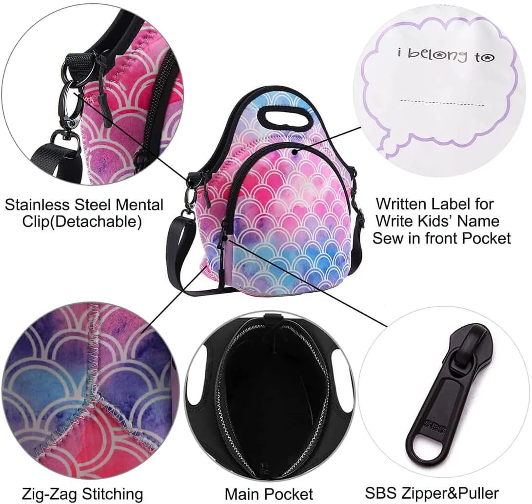 Lunch Bags For Kids,Girls,Women Neoprene Lunch Toe Bags With Adjustable Detachable Shoulder Straps Reusable Soft Insulated Lunch Bags For School/Picnic/Work (Mermaid)