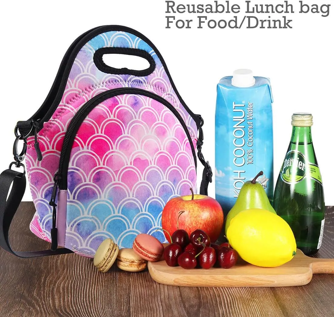 Lunch Bags For Kids,Girls,Women Neoprene Lunch Toe Bags With Adjustable Detachable Shoulder Straps Reusable Soft Insulated Lunch Bags For School/Picnic/Work (Mermaid)