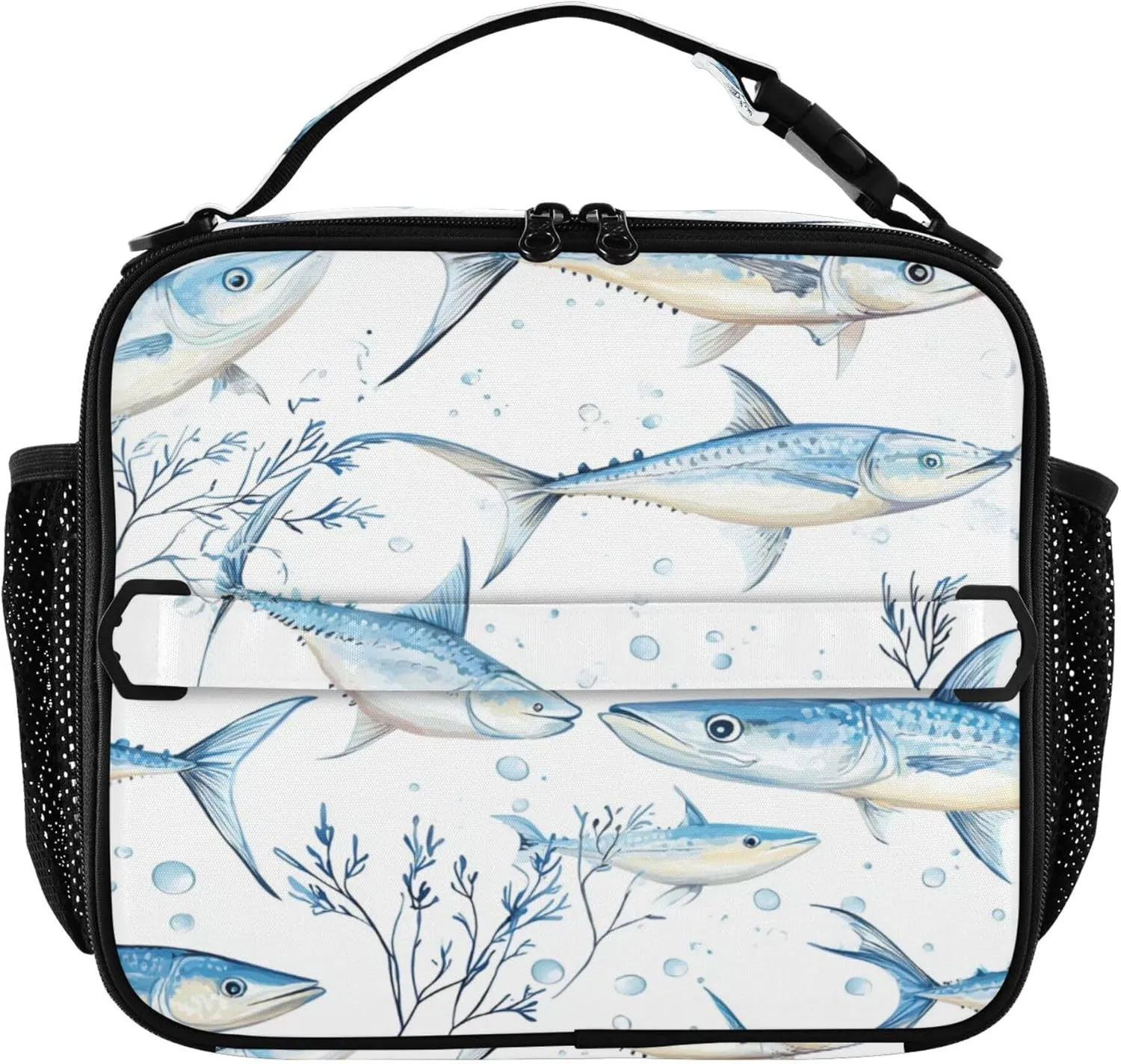 Lunch Tote Bag for Women Zip Pockets Lunch Box Adult Shoulder Strap and Bottle Holder Insulated Bags for Work Office Cartoon Swordfish Fishes