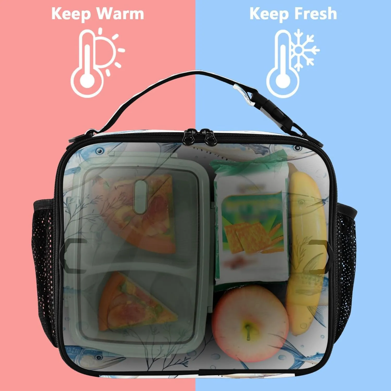 Lunch Tote Bag for Women Zip Pockets Lunch Box Adult Shoulder Strap and Bottle Holder Insulated Bags for Work Office Cartoon Swordfish Fishes