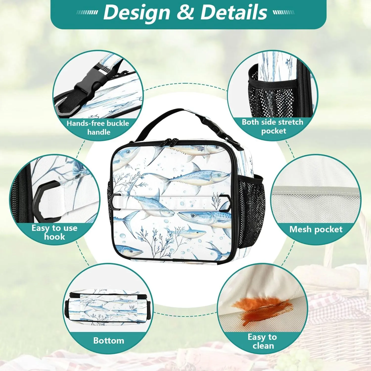 Lunch Tote Bag for Women Zip Pockets Lunch Box Adult Shoulder Strap and Bottle Holder Insulated Bags for Work Office Cartoon Swordfish Fishes