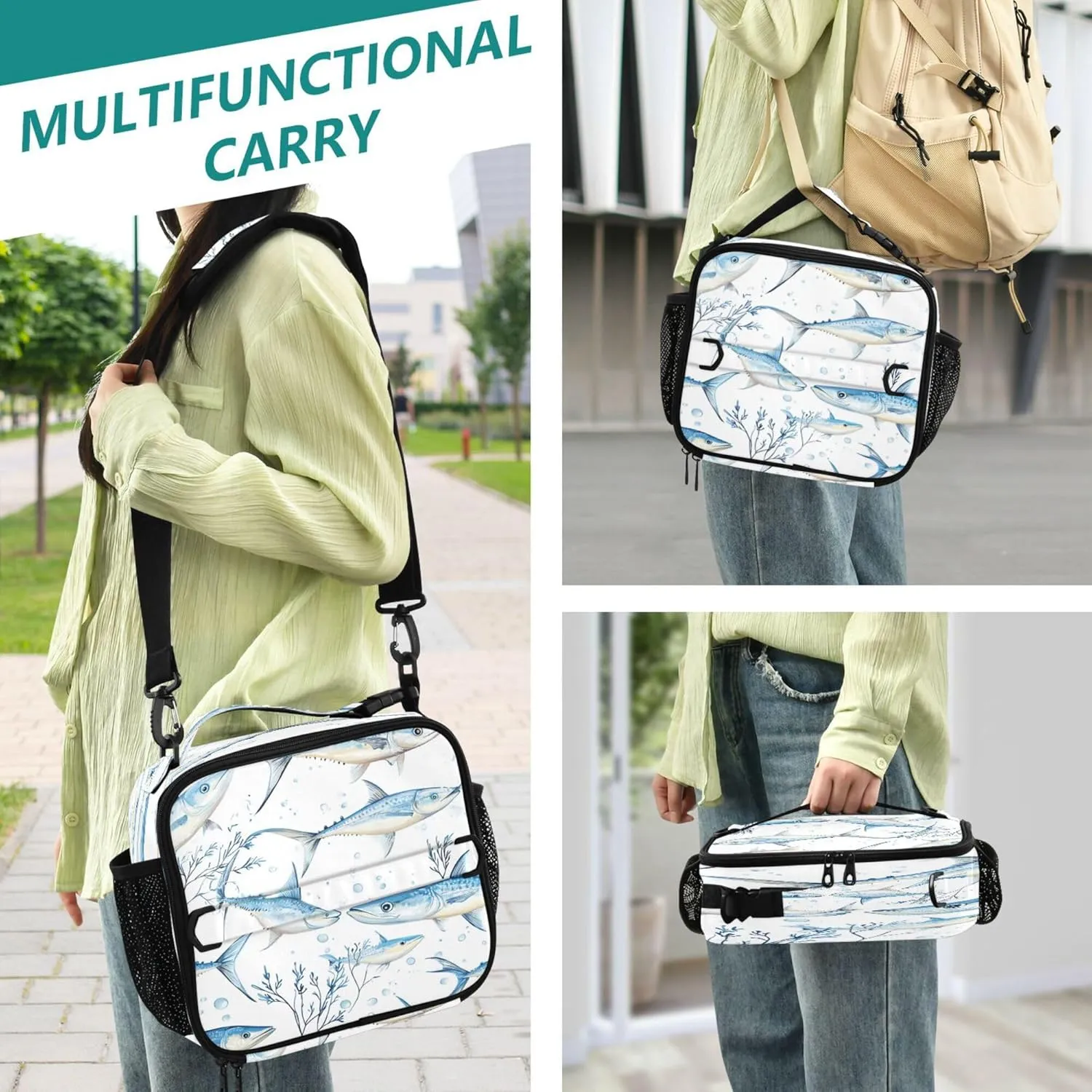Lunch Tote Bag for Women Zip Pockets Lunch Box Adult Shoulder Strap and Bottle Holder Insulated Bags for Work Office Cartoon Swordfish Fishes