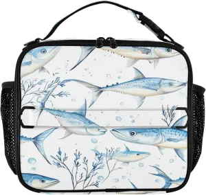 Lunch Tote Bag for Women Zip Pockets Lunch Box Adult Shoulder Strap and Bottle Holder Insulated Bags for Work Office Cartoon Swordfish Fishes