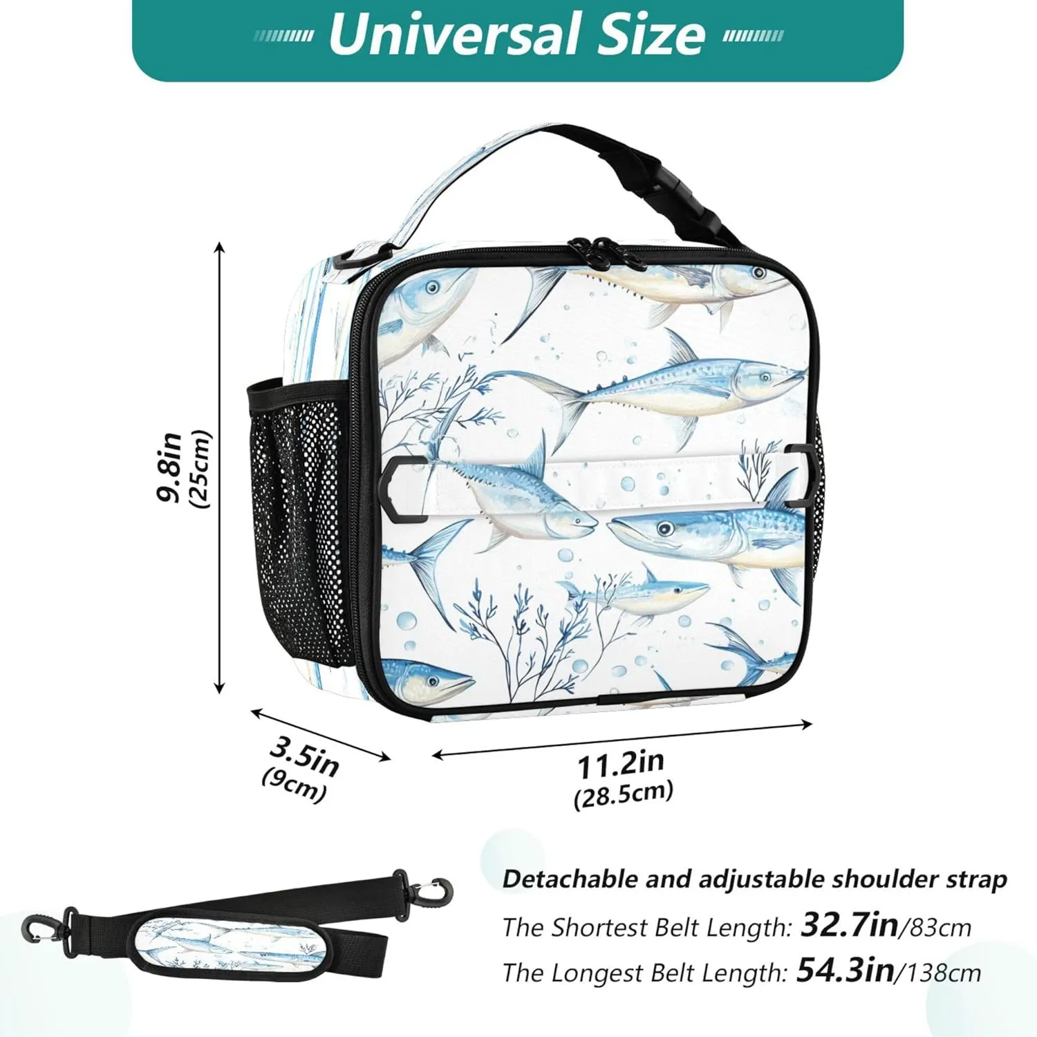 Lunch Tote Bag for Women Zip Pockets Lunch Box Adult Shoulder Strap and Bottle Holder Insulated Bags for Work Office Cartoon Swordfish Fishes