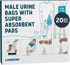 Lunderg Disposable Urine Bags for Men with Super Absorbent Pad - Value Pack 20 Count - Disposable & Portable - For travel, Car Pee Bag or Pocket Toilet for Emergency & Camping. Help Yourself Anywhere!