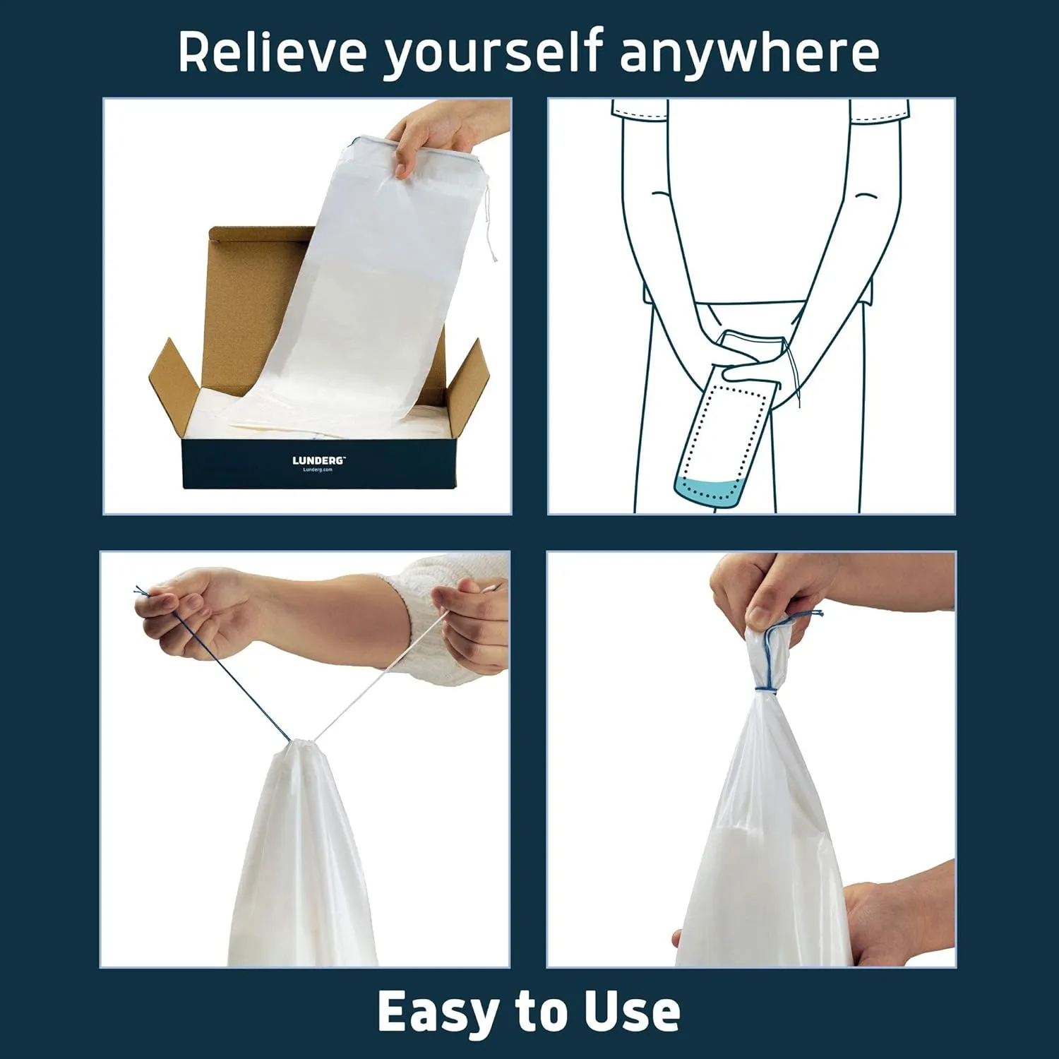 Lunderg Disposable Urine Bags for Men with Super Absorbent Pad - Value Pack 20 Count - Disposable & Portable - For travel, Car Pee Bag or Pocket Toilet for Emergency & Camping. Help Yourself Anywhere!