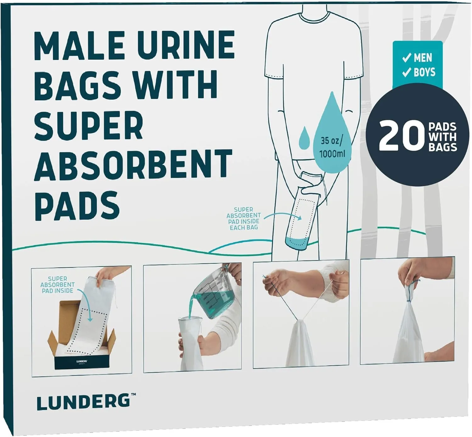 Lunderg Disposable Urine Bags for Men with Super Absorbent Pad - Value Pack 20 Count - Disposable & Portable - For travel, Car Pee Bag or Pocket Toilet for Emergency & Camping. Help Yourself Anywhere!