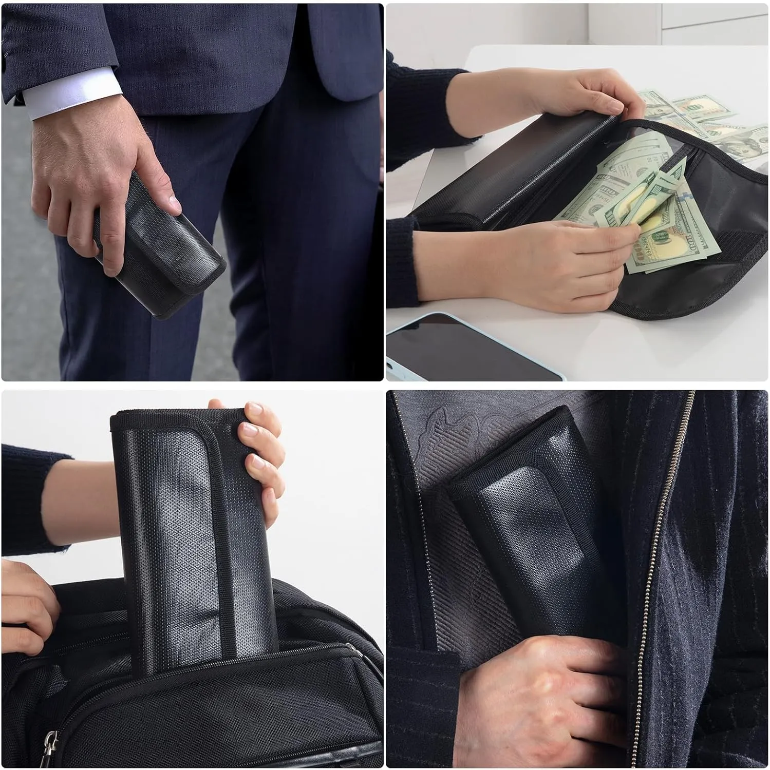MABOZOO Fireproof Money Organizer, 5 Zippers, Black, Silicone Storage Bag for Valuables, Travel Cash Holder