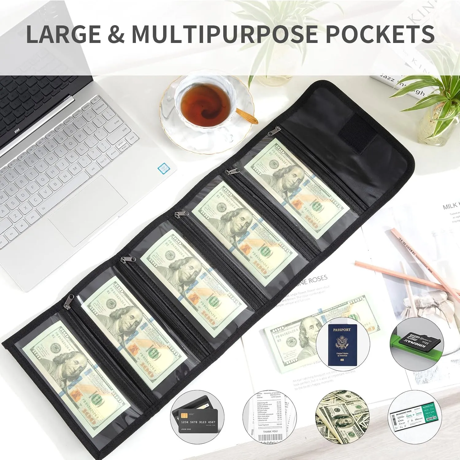MABOZOO Fireproof Money Organizer, 5 Zippers, Black, Silicone Storage Bag for Valuables, Travel Cash Holder