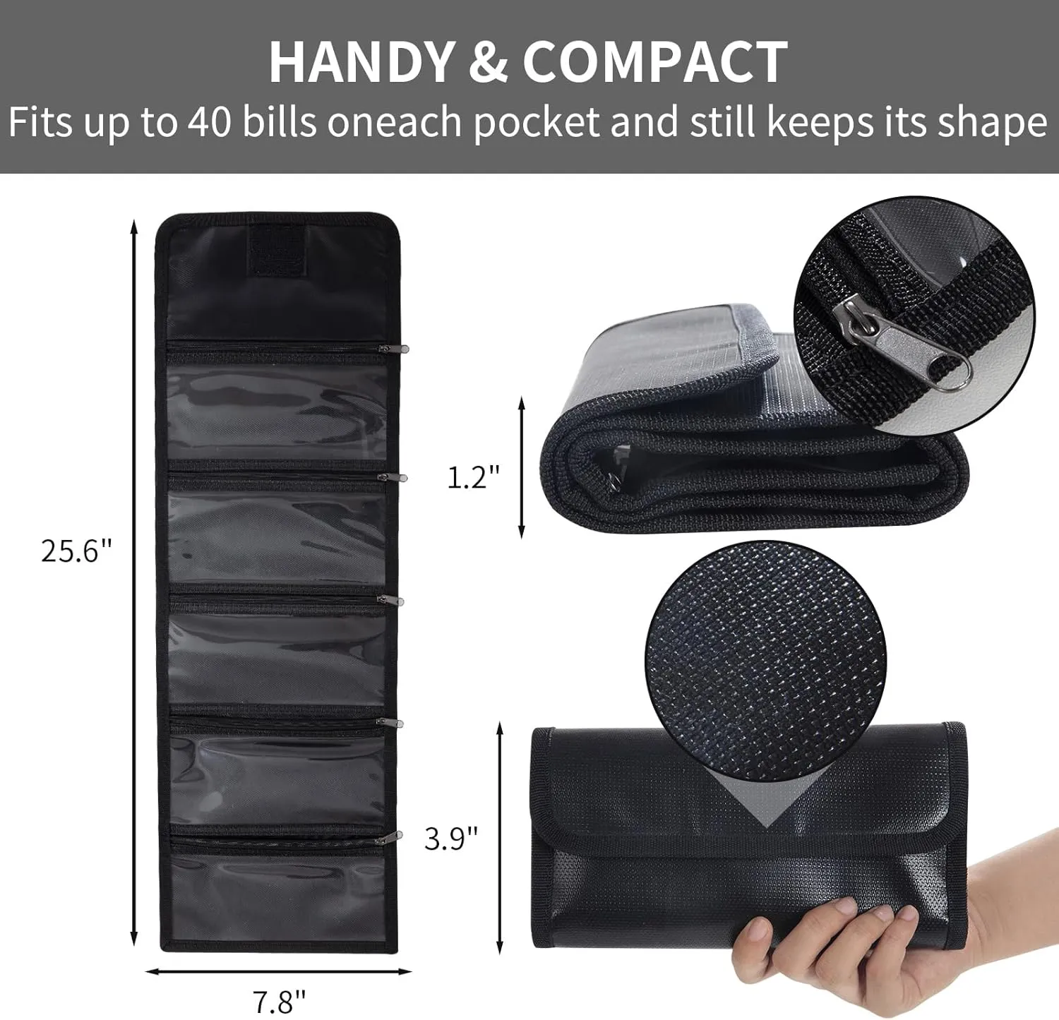 MABOZOO Fireproof Money Organizer, 5 Zippers, Black, Silicone Storage Bag for Valuables, Travel Cash Holder