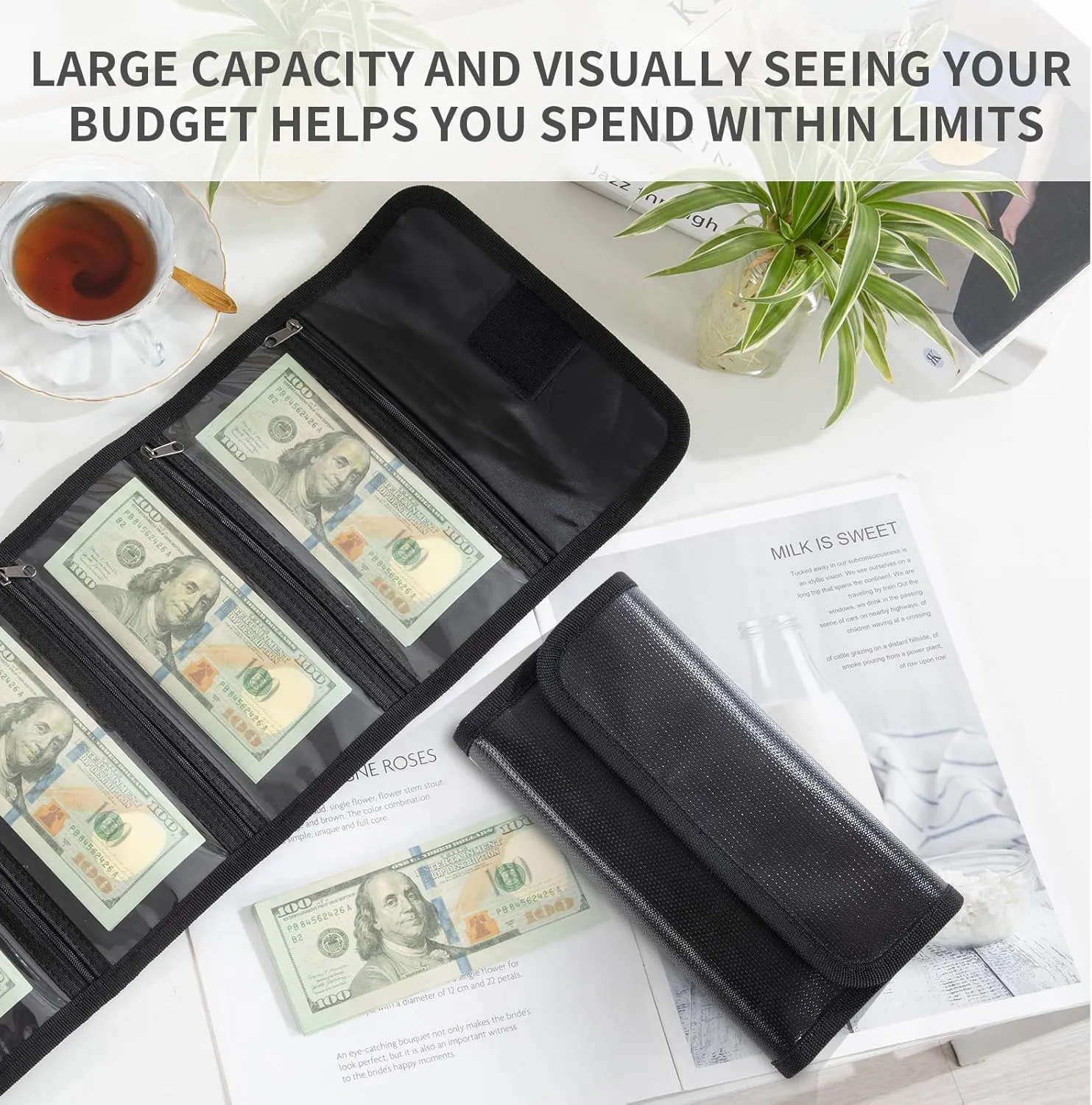 MABOZOO Fireproof Money Organizer, 5 Zippers, Black, Silicone Storage Bag for Valuables, Travel Cash Holder