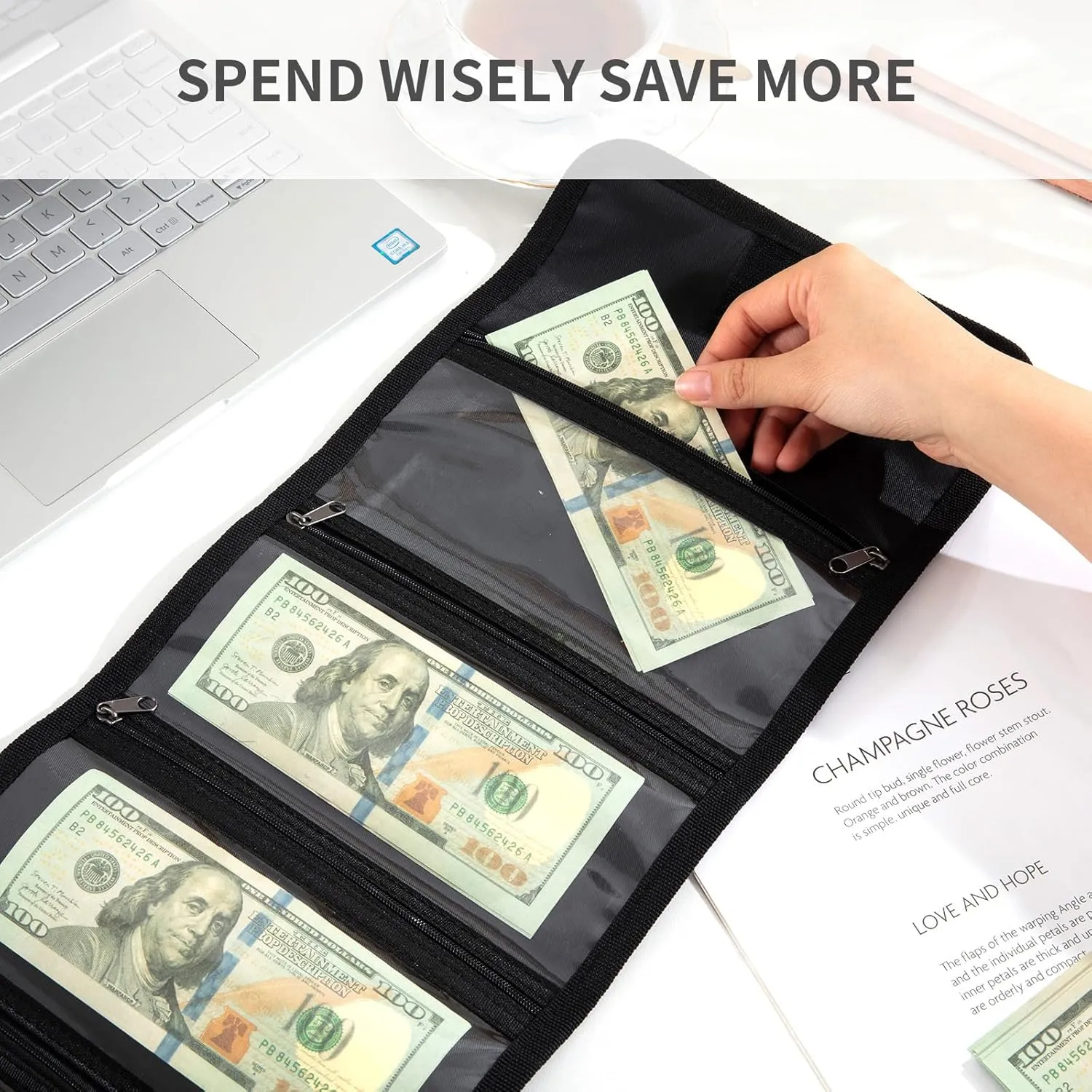 MABOZOO Fireproof Money Organizer, 5 Zippers, Black, Silicone Storage Bag for Valuables, Travel Cash Holder