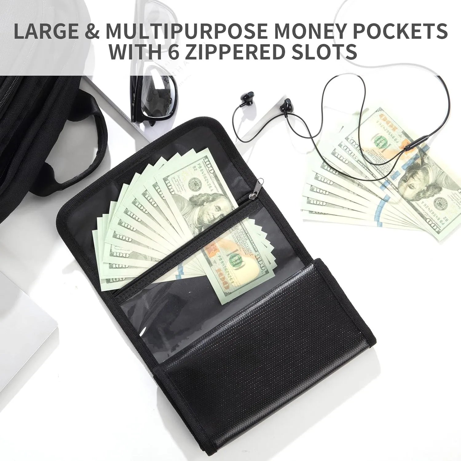 MABOZOO Fireproof Money Organizer, 5 Zippers, Black, Silicone Storage Bag for Valuables, Travel Cash Holder