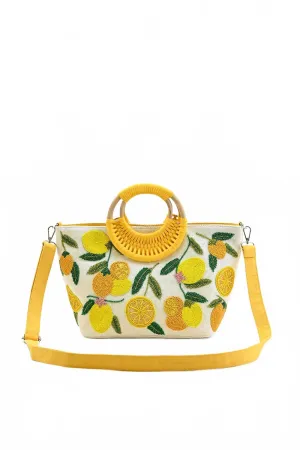 Make Lemonade Tote With Wicker Handles In Yellow/white