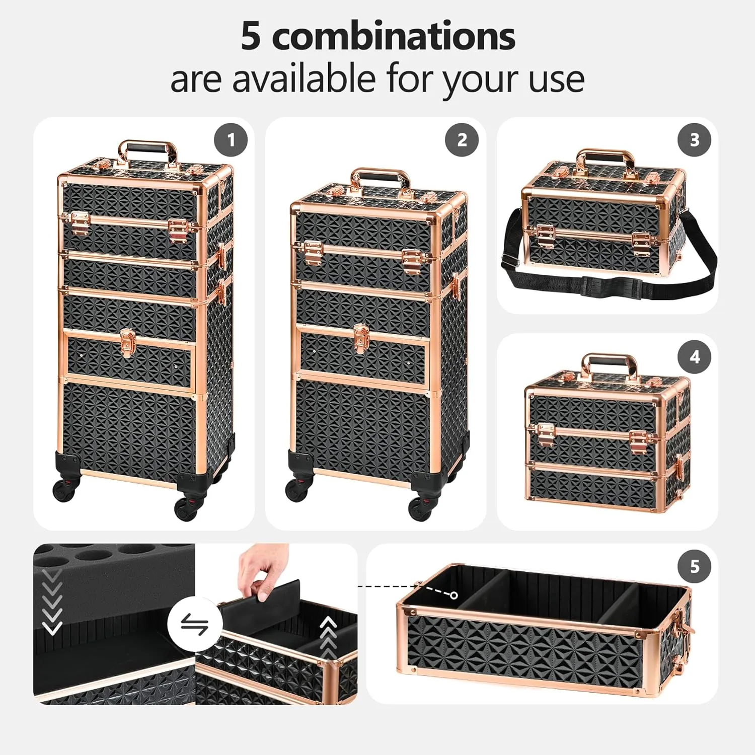 Makeup Train Case with Drawer, Rolling Makeup Case, Cosmetology Case on Wheels, Gift, Large Makeup Case Organizers, Professional for Salon Barber, Nail, Tattoo, Black Gold