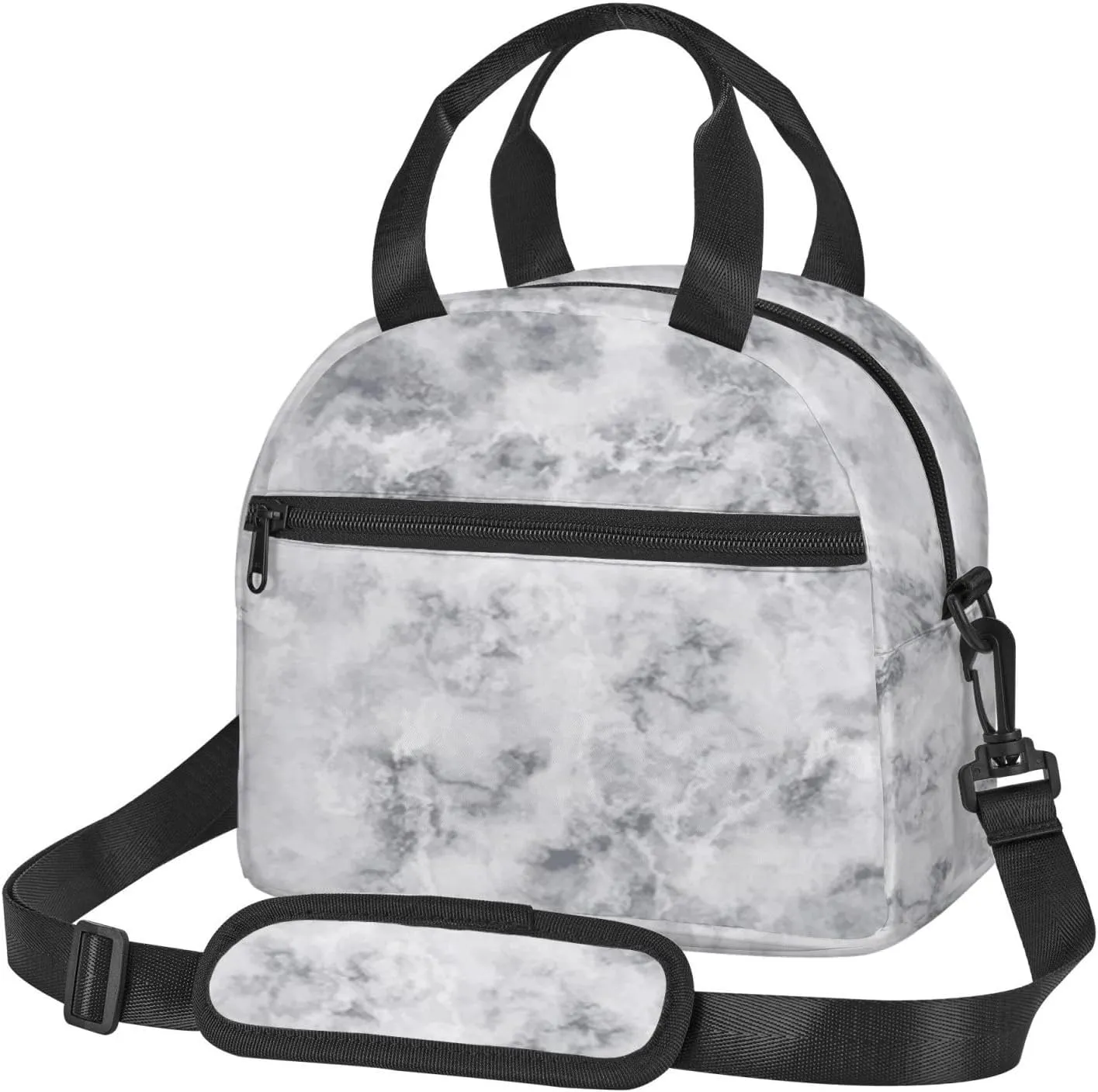 Marble,Insulated Reusable Lunch Bag with Adjustable Shoulder Strap for Adults,Granite Surface Pattern with Stormy,Leakproof Office Picnic Hiking Beach Tote Bag,Gray White,9x5x7.8in