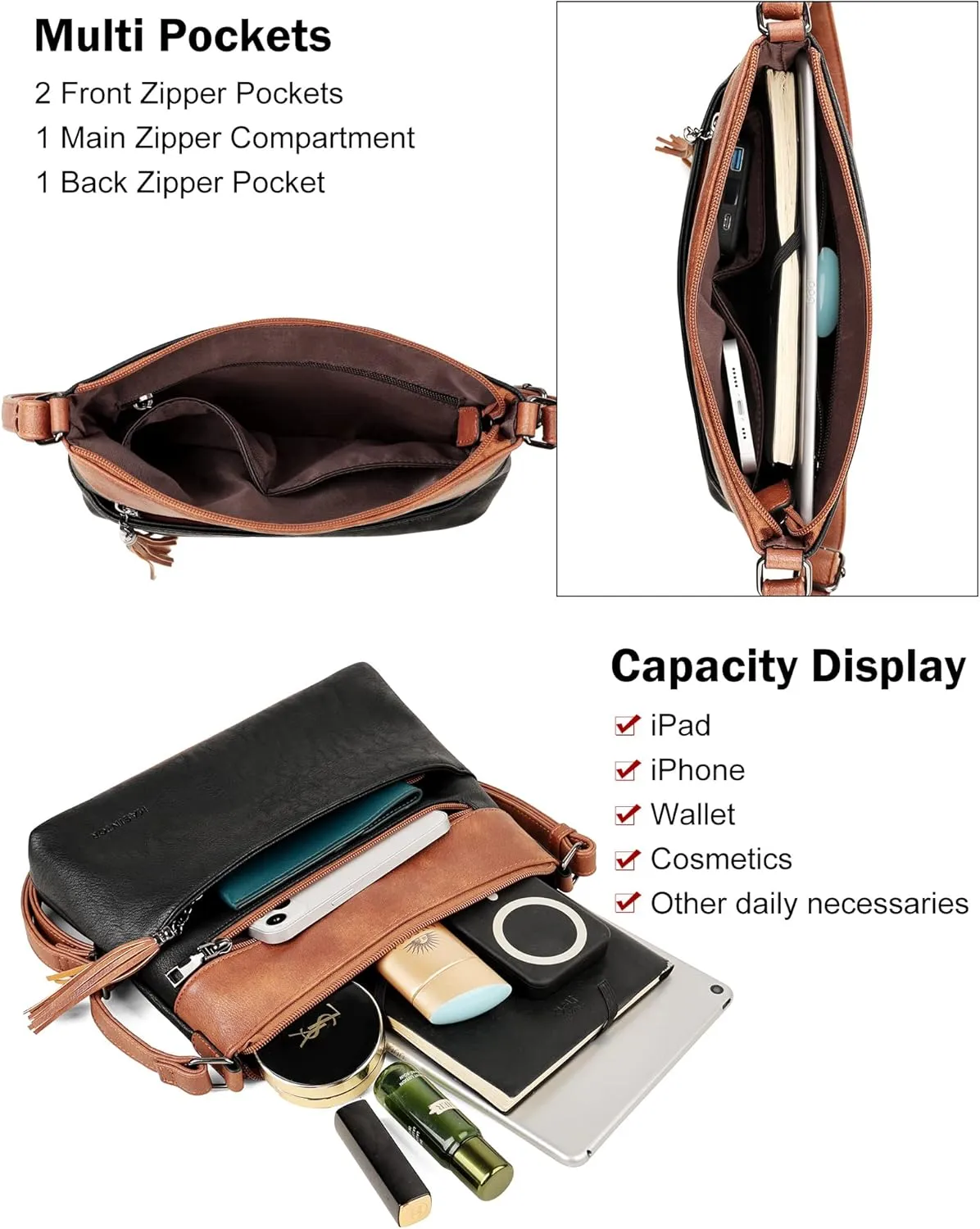 MASINTOR Crossbody Bags for Women, Lightweight Medium Crossbody Purse, Soft Leather Women's Shoulder Handbags with Tassel for Shopping or Travel