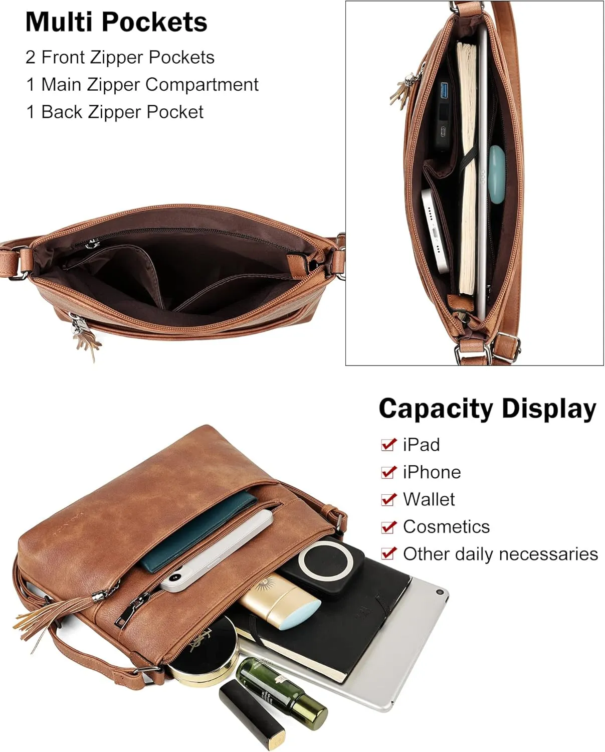 MASINTOR Crossbody Bags for Women, Lightweight Medium Crossbody Purse, Soft Leather Women's Shoulder Handbags with Tassel for Shopping or Travel