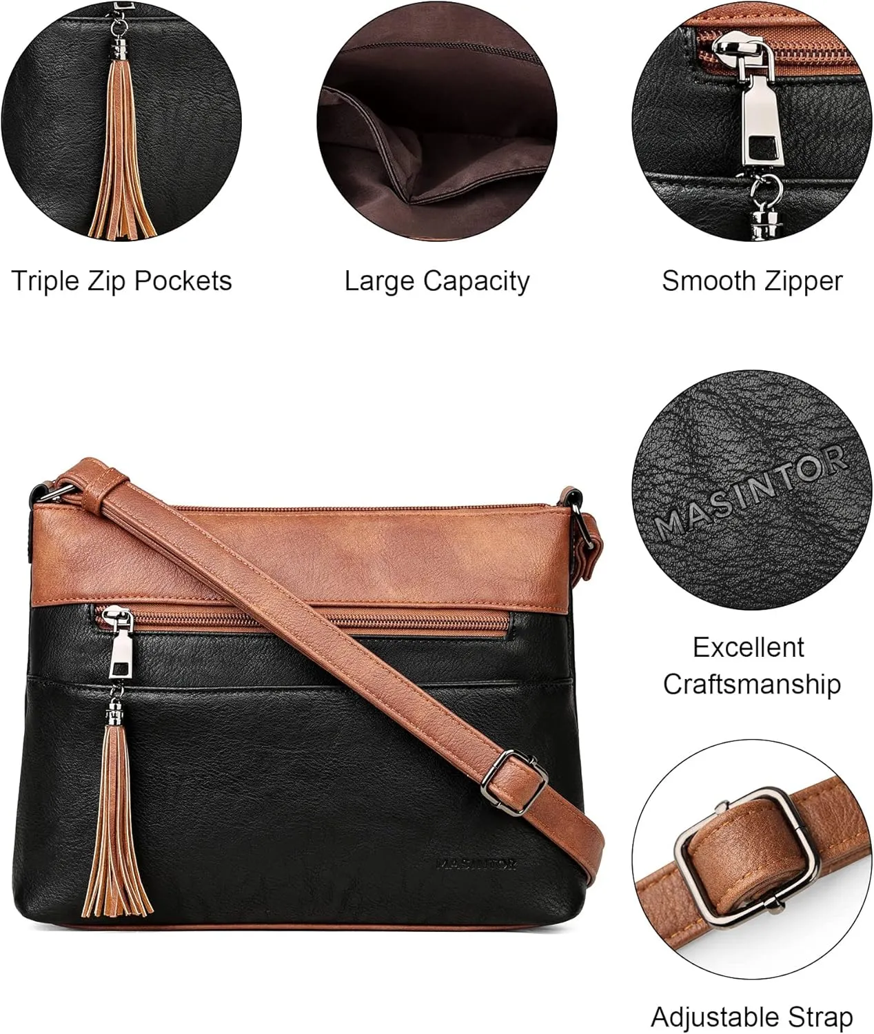 MASINTOR Crossbody Bags for Women, Lightweight Medium Crossbody Purse, Soft Leather Women's Shoulder Handbags with Tassel for Shopping or Travel