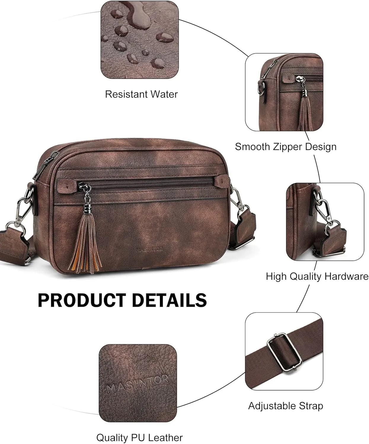 MASINTOR Crossbody Purses for Women Vegan Leather, Travel Purse Shoulder Handbag with Adjustable Strap and Tassel