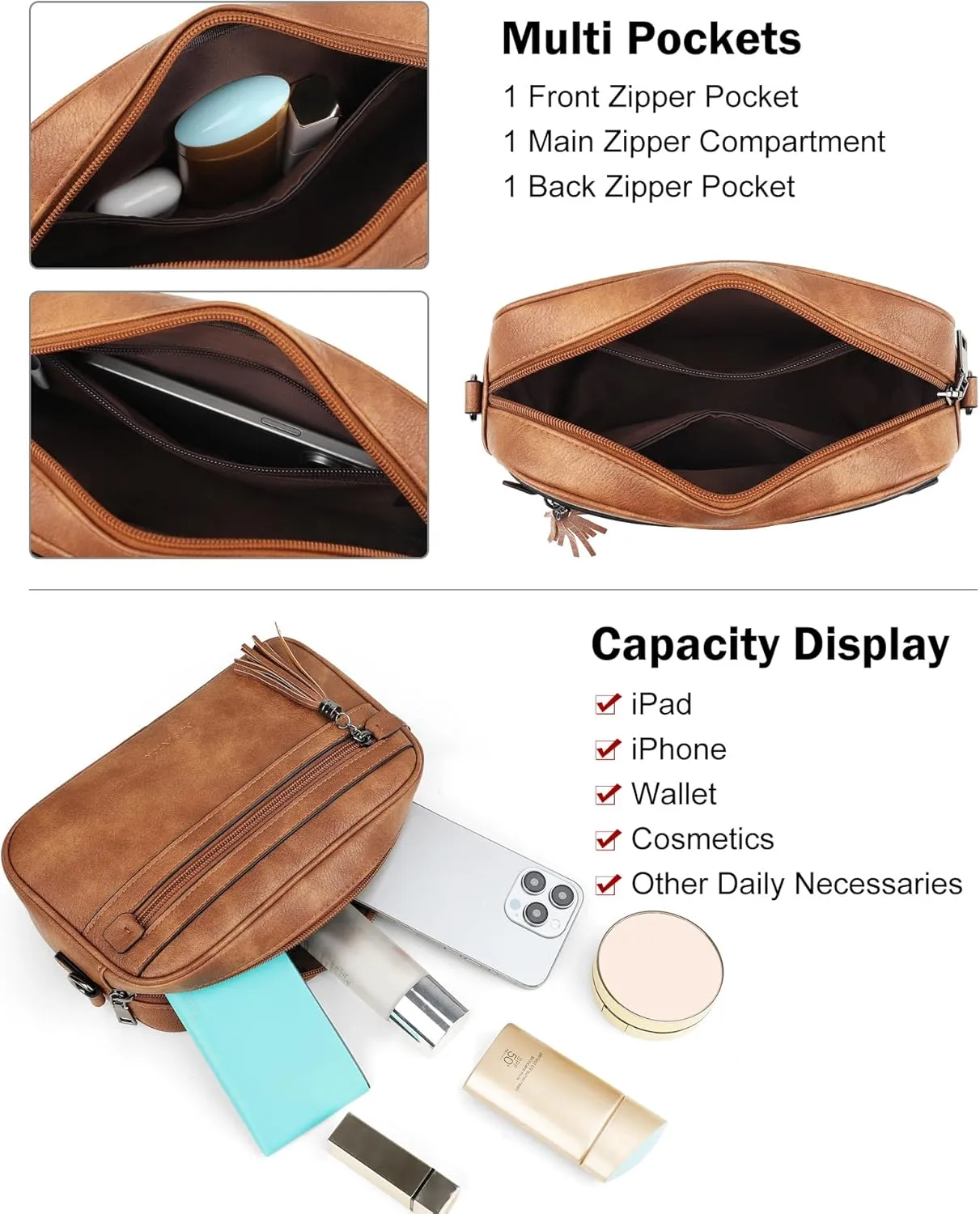 MASINTOR Crossbody Purses for Women Vegan Leather, Travel Purse Shoulder Handbag with Adjustable Strap and Tassel