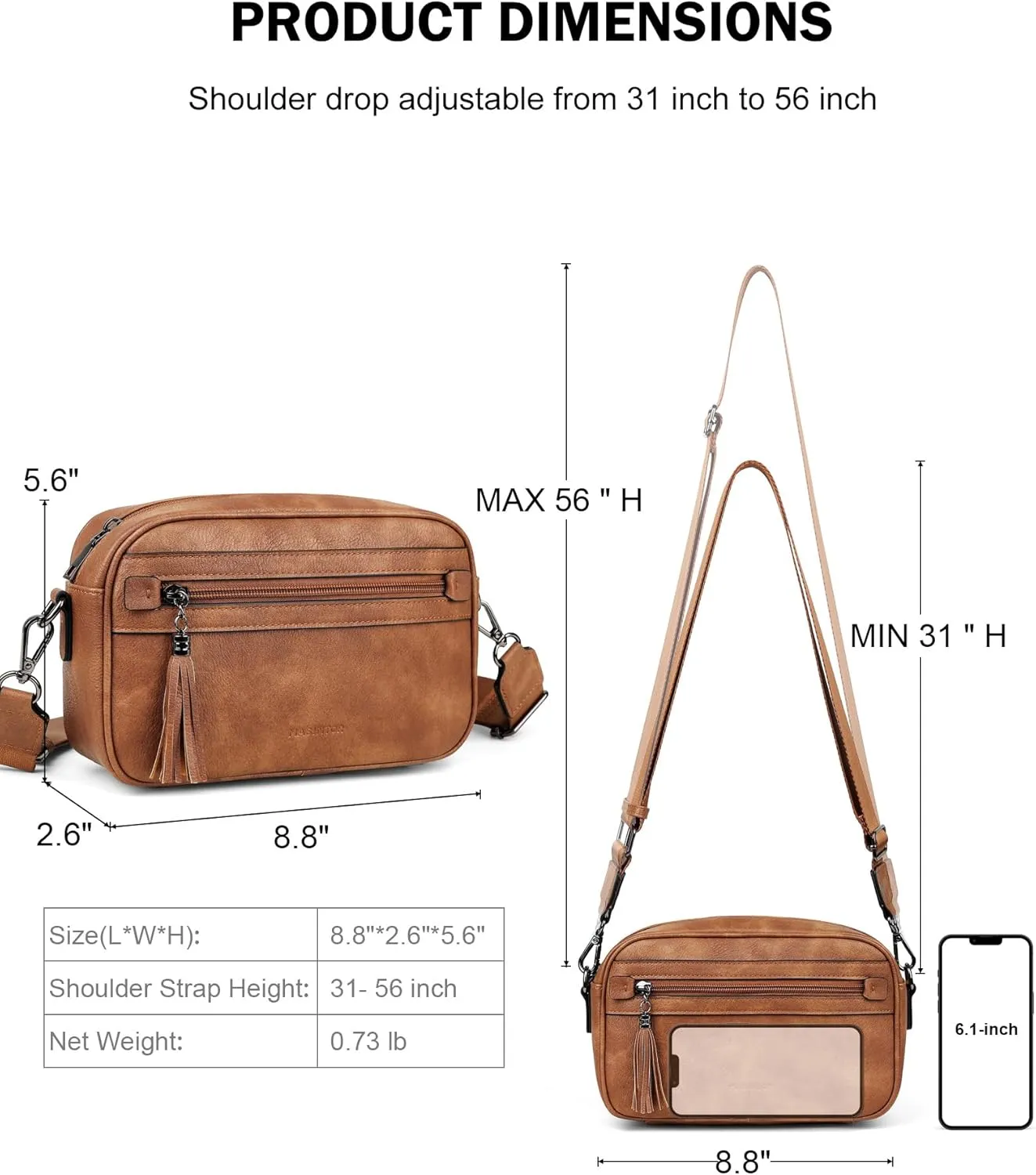 MASINTOR Crossbody Purses for Women Vegan Leather, Travel Purse Shoulder Handbag with Adjustable Strap and Tassel