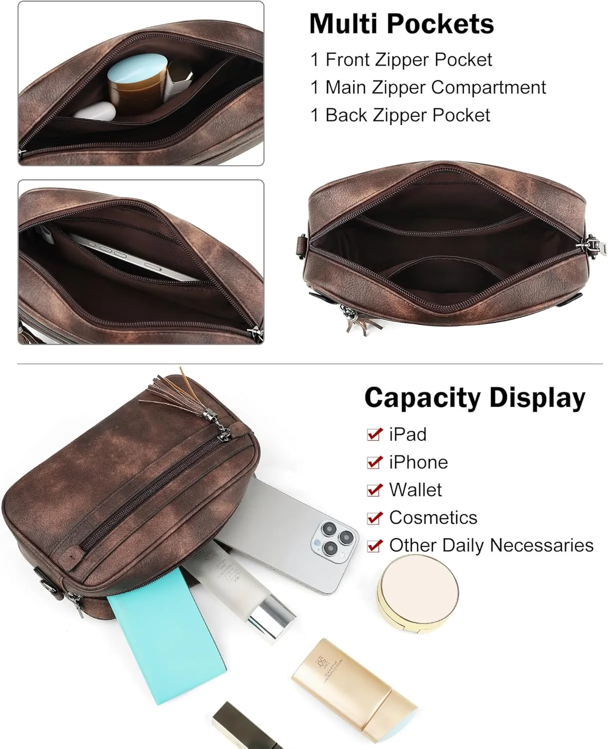 MASINTOR Crossbody Purses for Women Vegan Leather, Travel Purse Shoulder Handbag with Adjustable Strap and Tassel