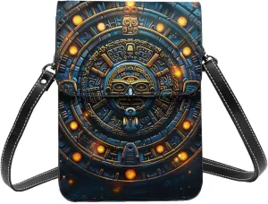 Mayan calendar sun mask civilization ancient abstract Leather Small Crossbody Bags for Women Cell Phone Bag Wallet Purses with Adjustable Strap