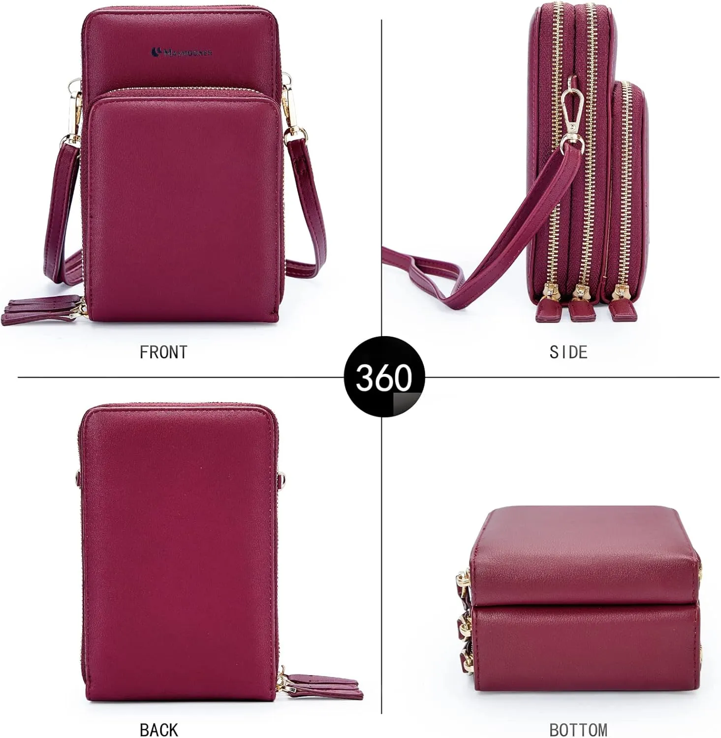 MAYMOONER Cell Phone Purse for Women, Small Crossbody Bag PU Leather with Card Slots Multiple Zipper Closure