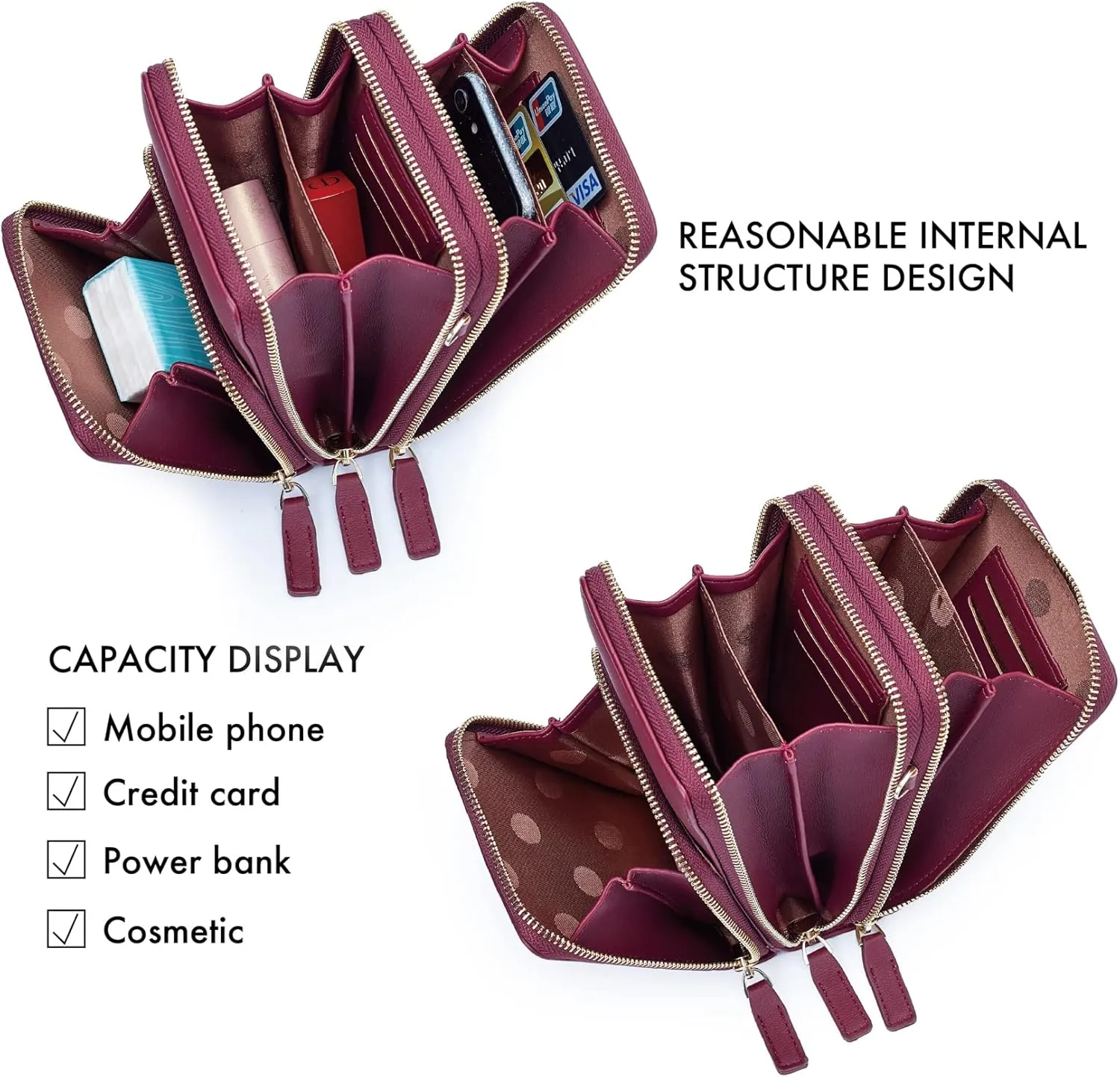 MAYMOONER Cell Phone Purse for Women, Small Crossbody Bag PU Leather with Card Slots Multiple Zipper Closure