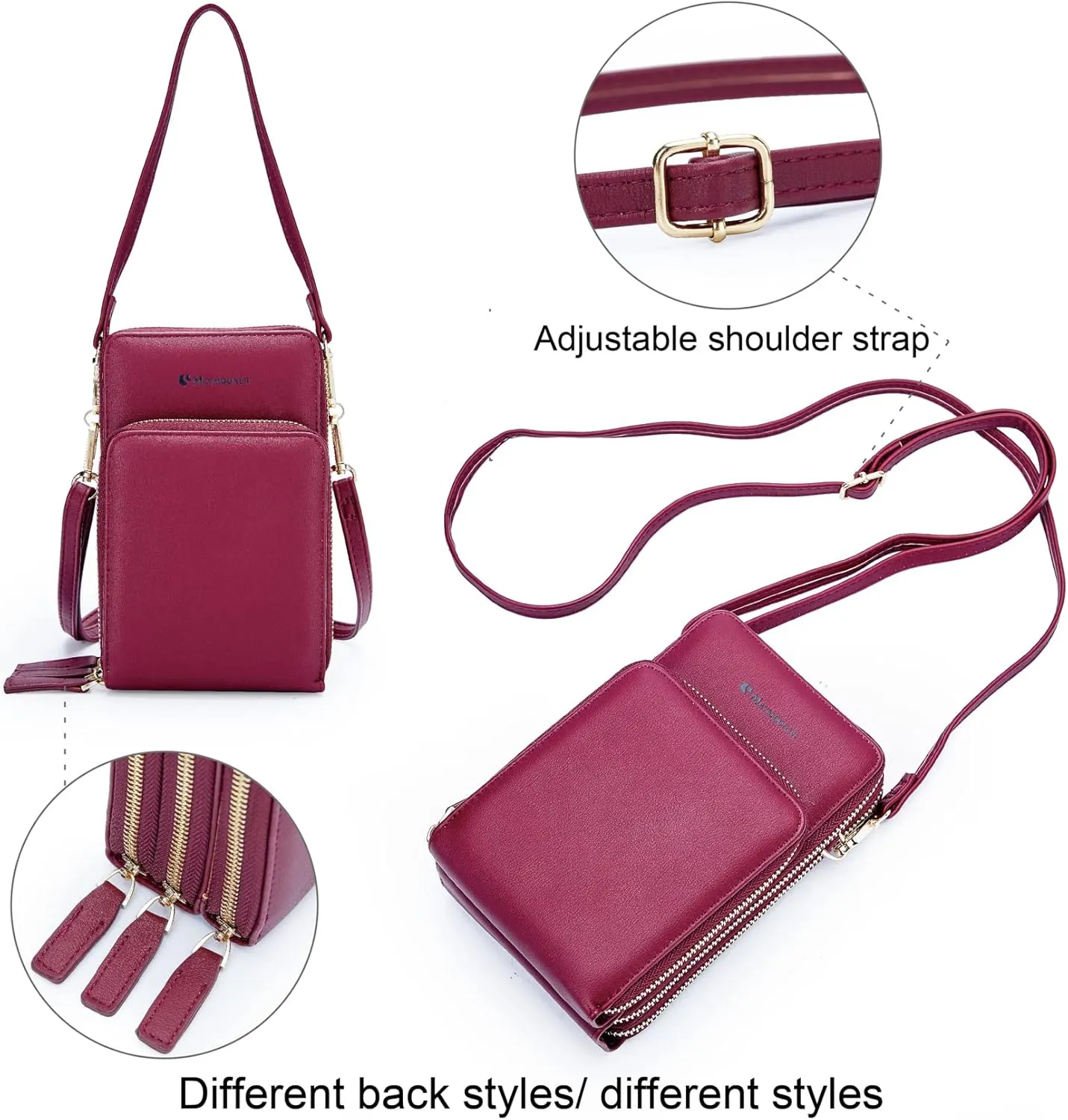 MAYMOONER Cell Phone Purse for Women, Small Crossbody Bag PU Leather with Card Slots Multiple Zipper Closure