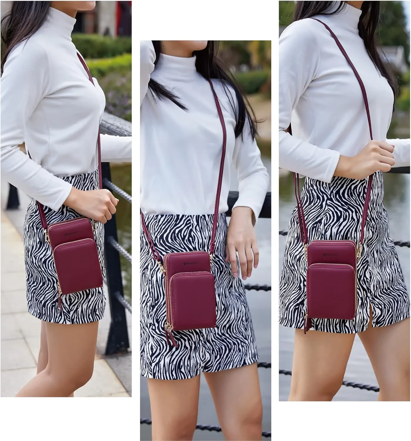 MAYMOONER Cell Phone Purse for Women, Small Crossbody Bag PU Leather with Card Slots Multiple Zipper Closure