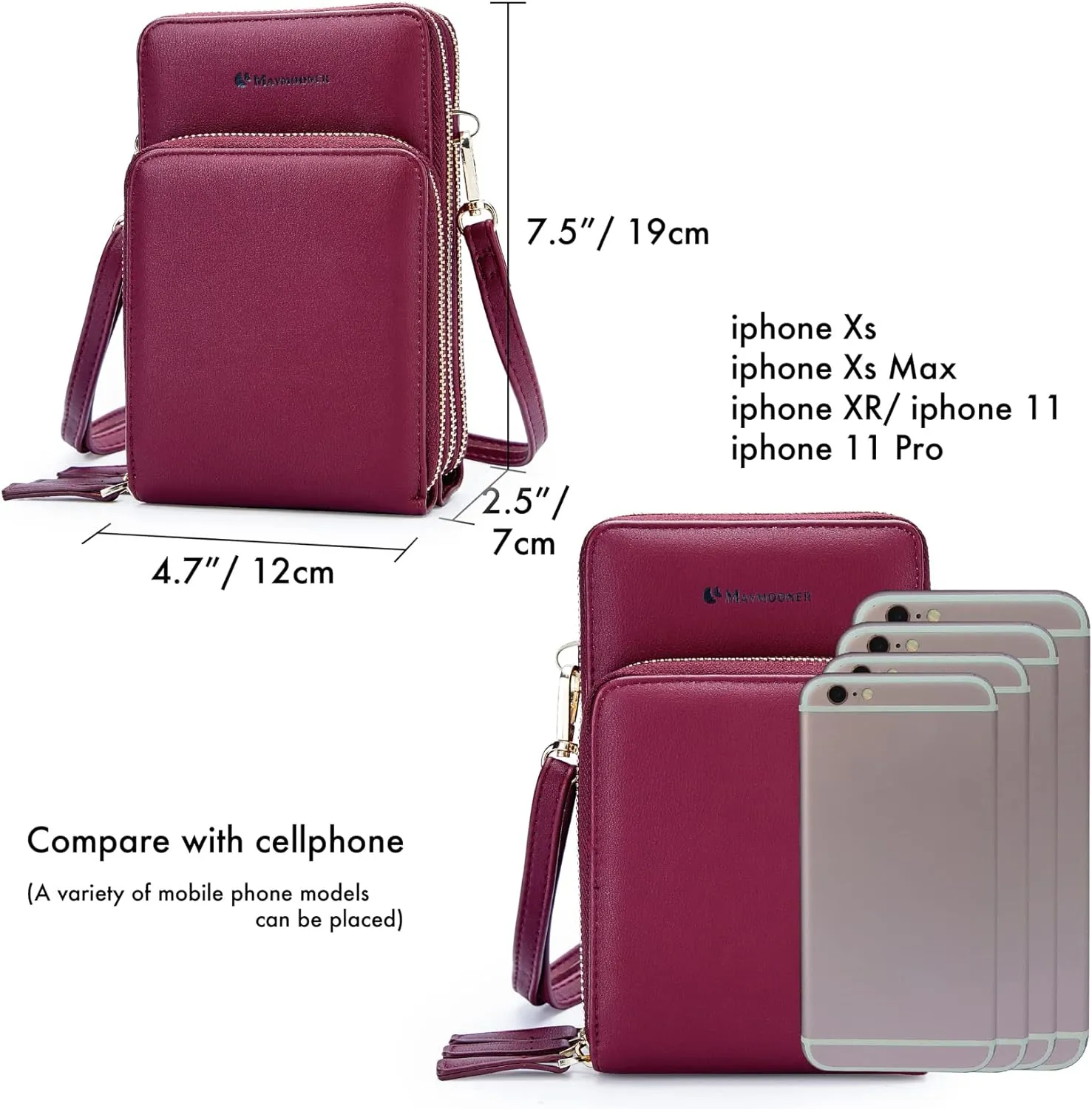 MAYMOONER Cell Phone Purse for Women, Small Crossbody Bag PU Leather with Card Slots Multiple Zipper Closure