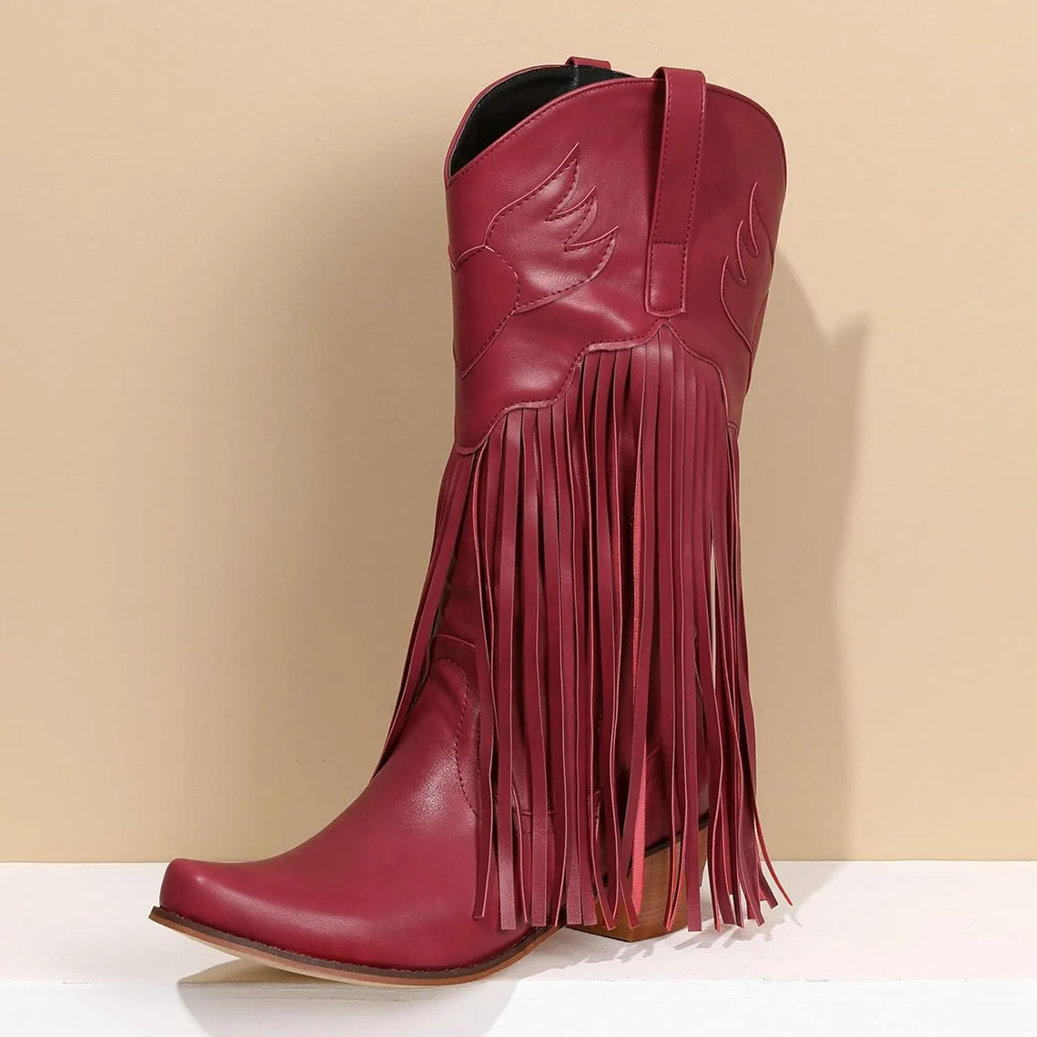 Meefit Women Fringe Cowboy Boots Square Toe Mid Calf Embroidered Western Boots,Tassel Cowgirl Boots Stacked Heel Retro Boots
