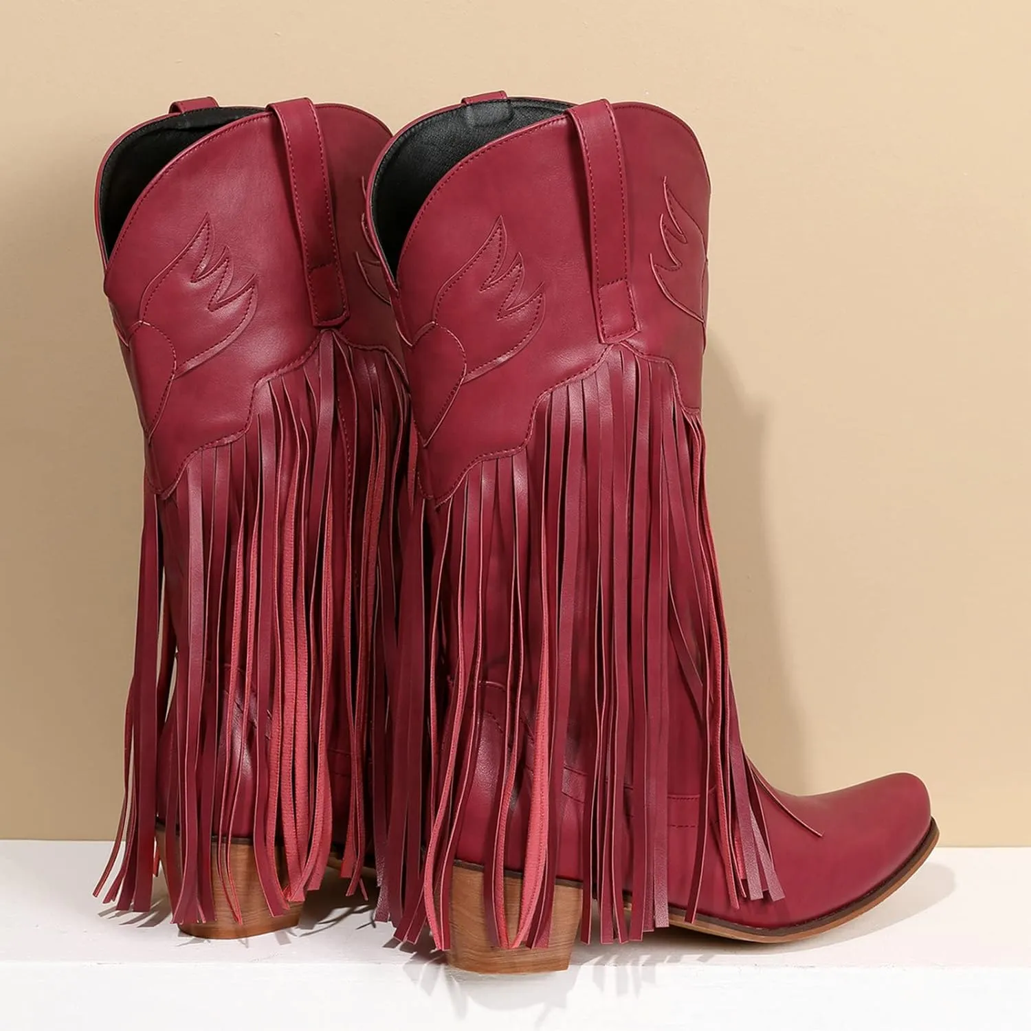 Meefit Women Fringe Cowboy Boots Square Toe Mid Calf Embroidered Western Boots,Tassel Cowgirl Boots Stacked Heel Retro Boots