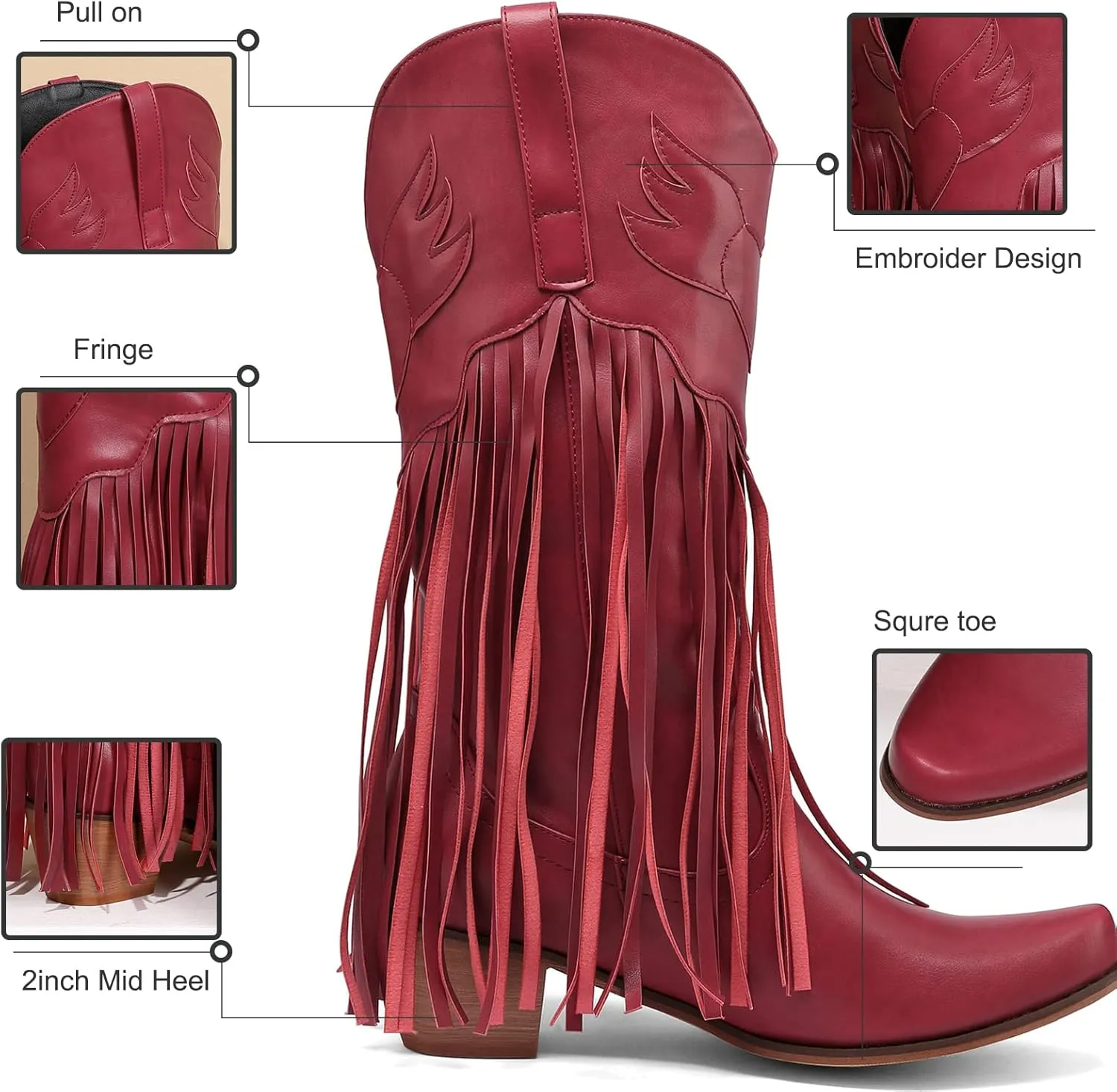 Meefit Women Fringe Cowboy Boots Square Toe Mid Calf Embroidered Western Boots,Tassel Cowgirl Boots Stacked Heel Retro Boots