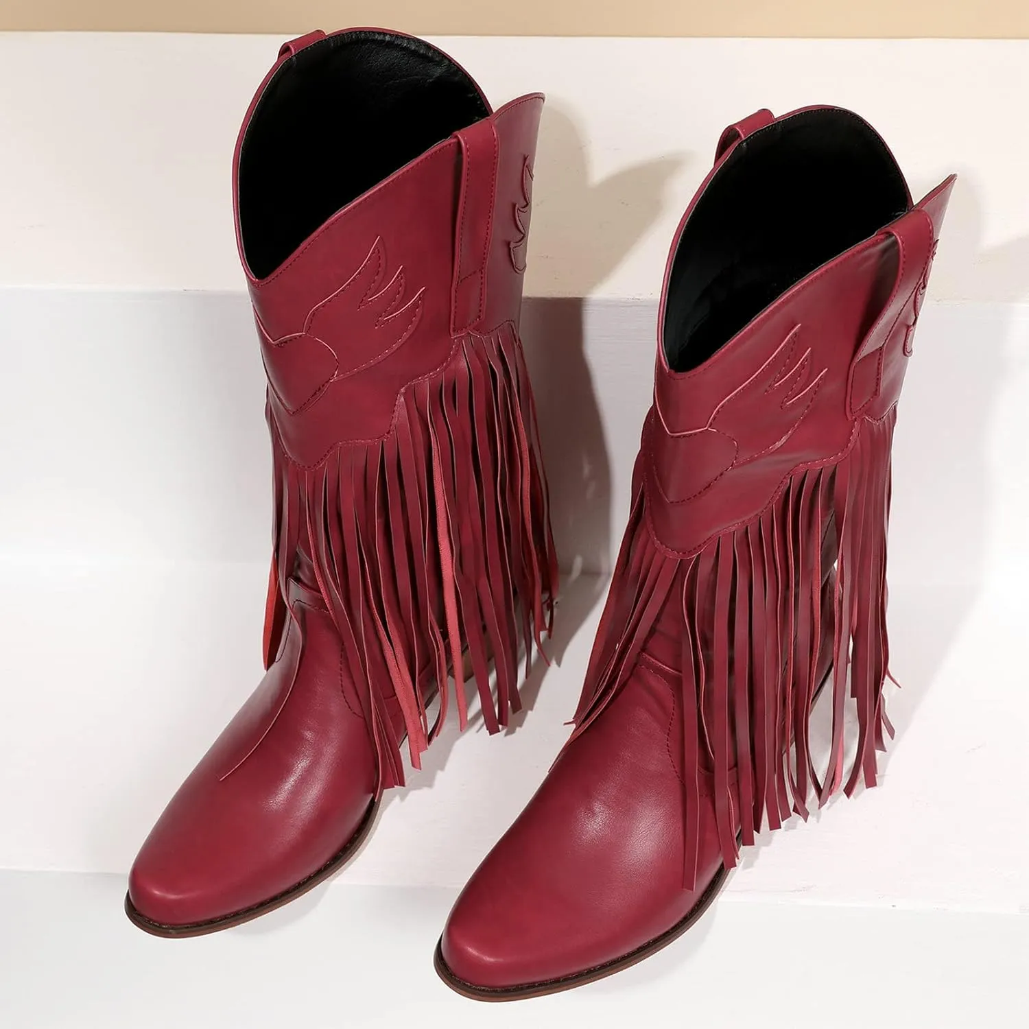 Meefit Women Fringe Cowboy Boots Square Toe Mid Calf Embroidered Western Boots,Tassel Cowgirl Boots Stacked Heel Retro Boots