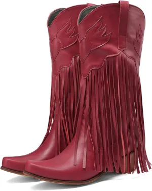 Meefit Women Fringe Cowboy Boots Square Toe Mid Calf Embroidered Western Boots,Tassel Cowgirl Boots Stacked Heel Retro Boots