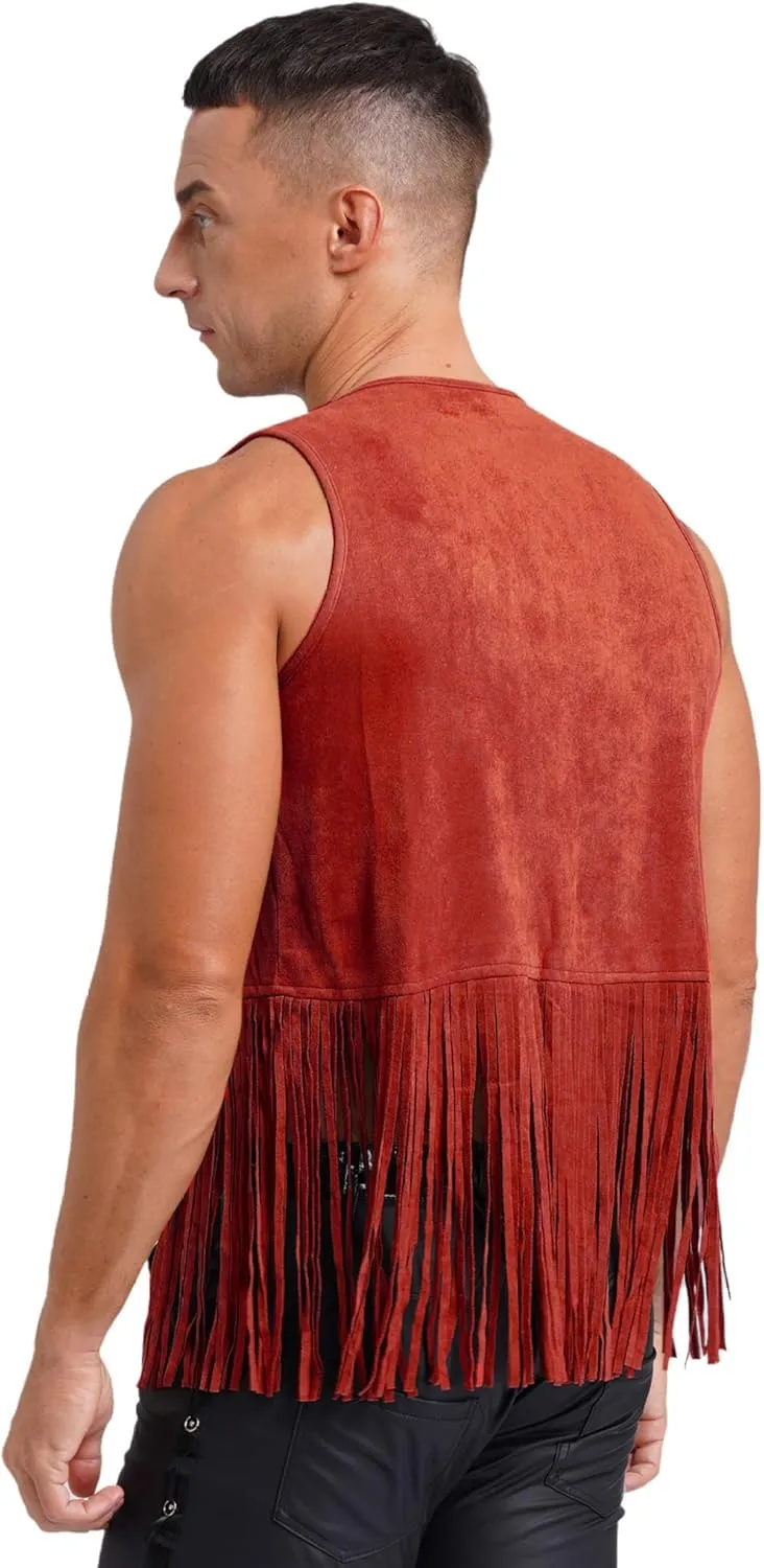 Men's Cowboy Western Suede Leather Tassel Sleeveless Vest Jacket Gothic Waistcoat Coat