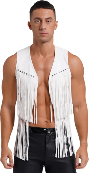 Men's Cowboy Western Suede Leather Tassel Sleeveless Vest Jacket Gothic Waistcoat Coat