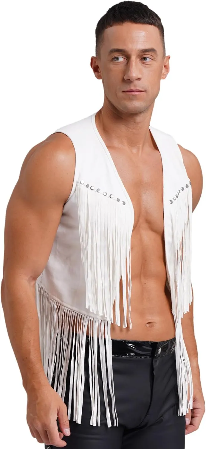 Men's Cowboy Western Suede Leather Tassel Sleeveless Vest Jacket Gothic Waistcoat Coat