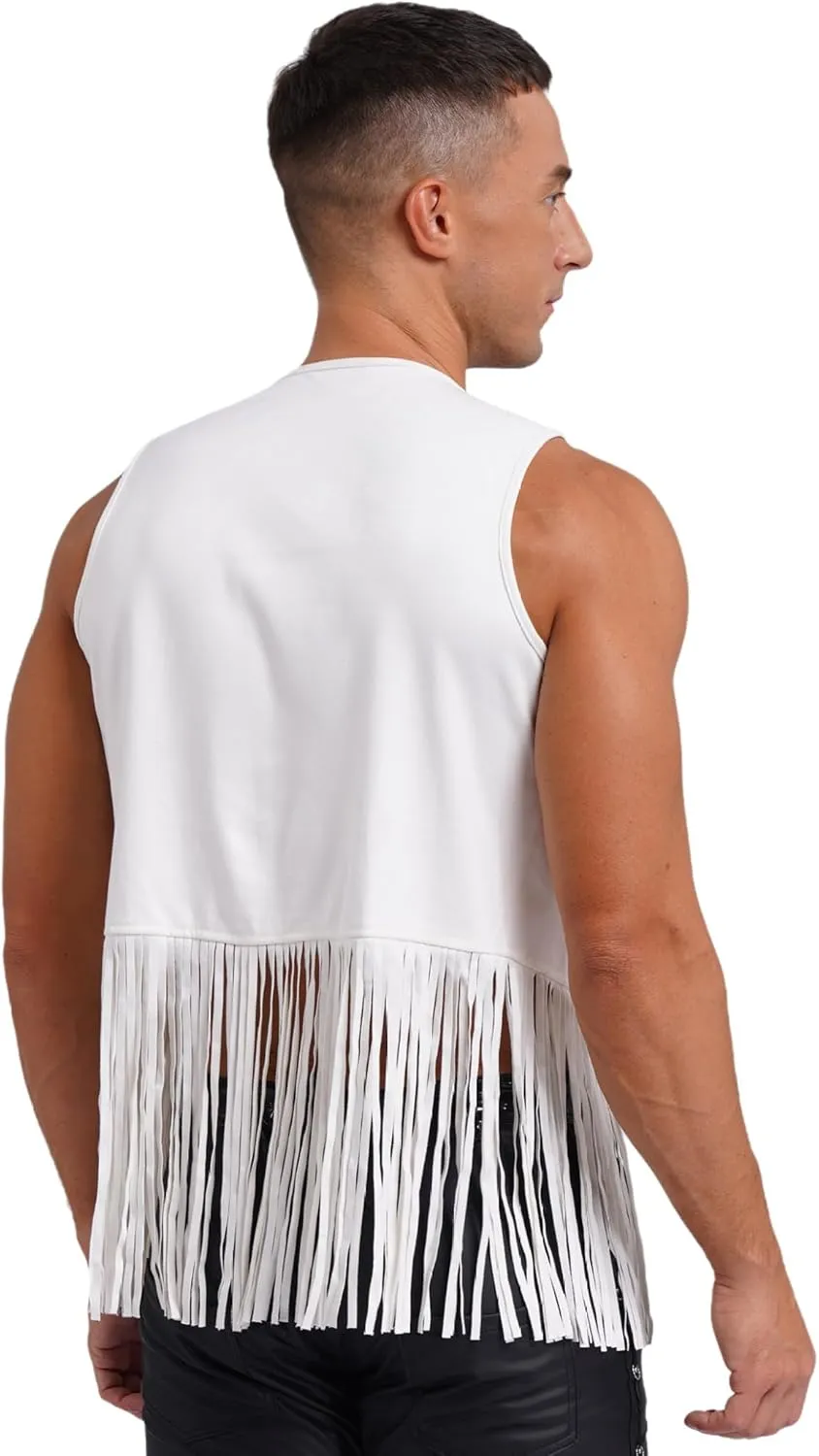 Men's Cowboy Western Suede Leather Tassel Sleeveless Vest Jacket Gothic Waistcoat Coat