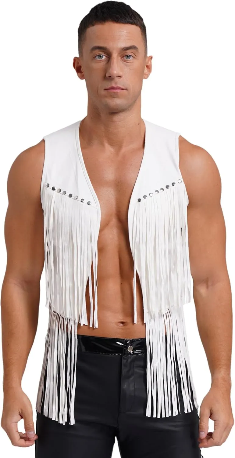 Men's Cowboy Western Suede Leather Tassel Sleeveless Vest Jacket Gothic Waistcoat Coat