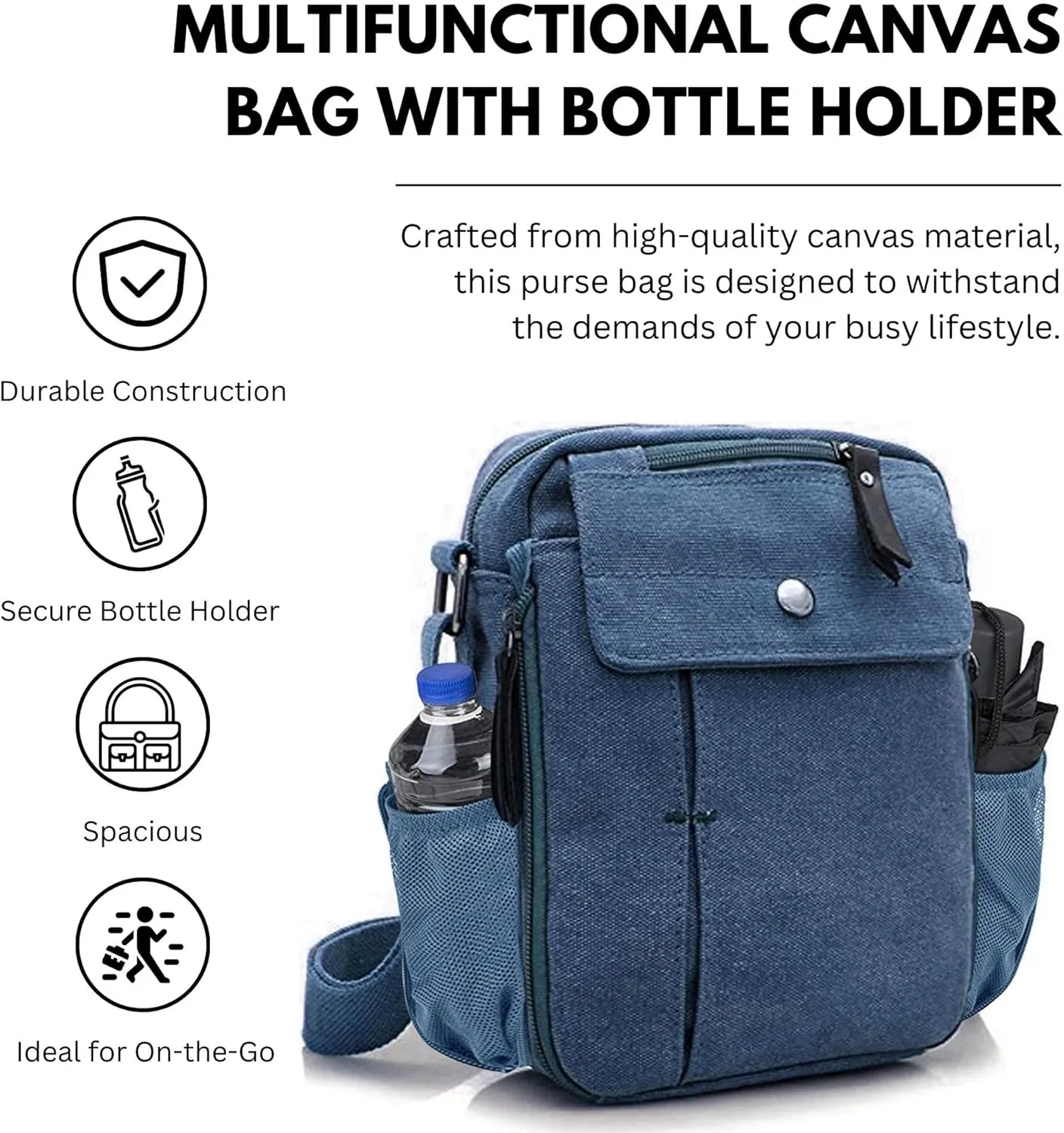 Men's Multifunctional Canvas Crossbody Bag Chest Bag Travel Carry Bag with Bottle Holder